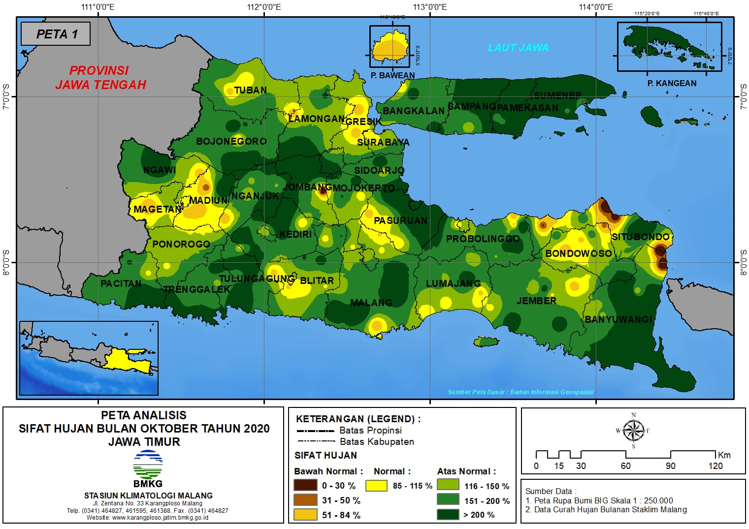 (Analisis - Bulanan) Distribusi Sifat Hujan Bulan Oktober Tahun 2020 di Provinsi Jawa Timur