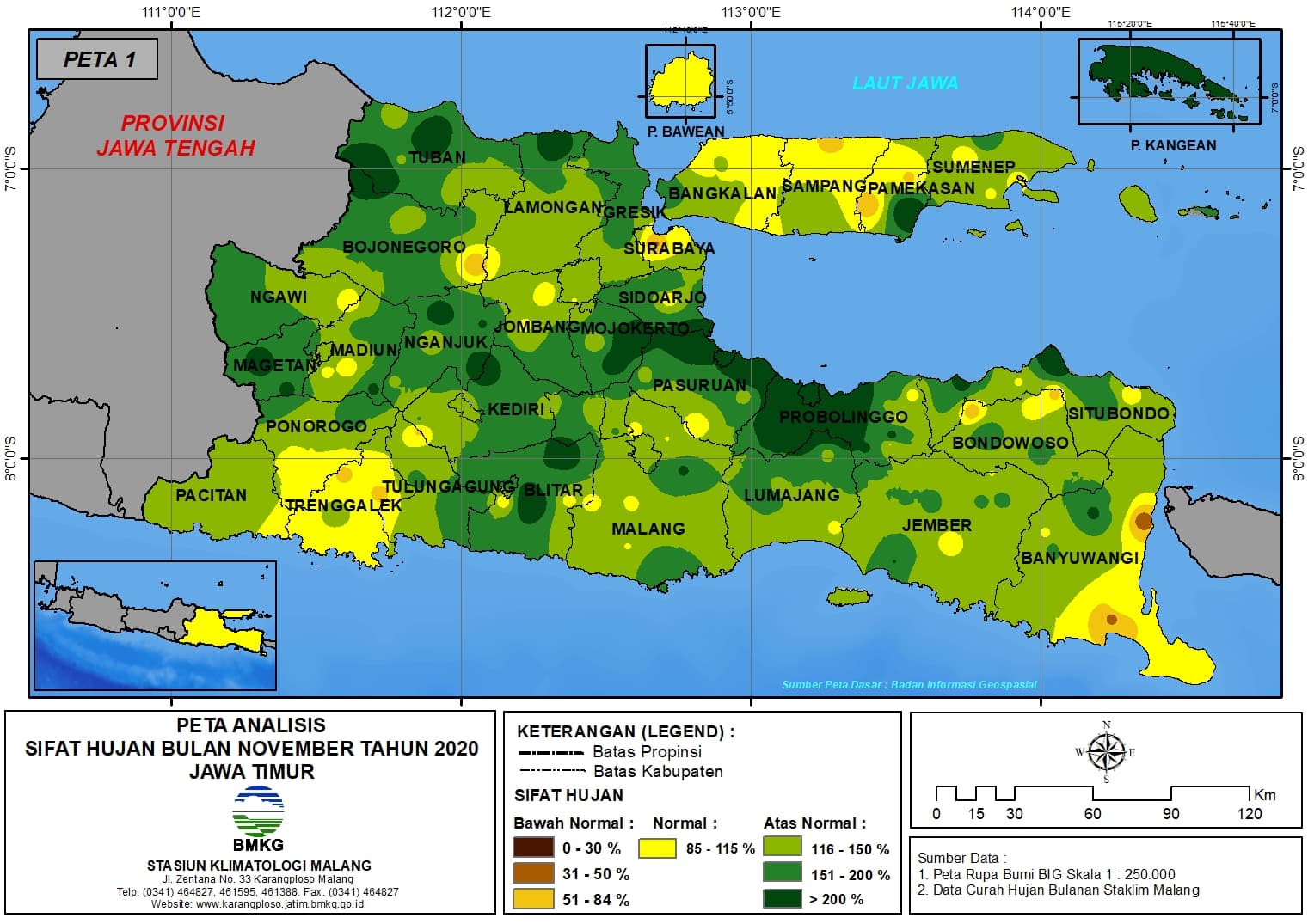 (Analisis - Bulanan) Distribusi Sifat Hujan Bulan November Tahun 2020 di Provinsi Jawa Timur