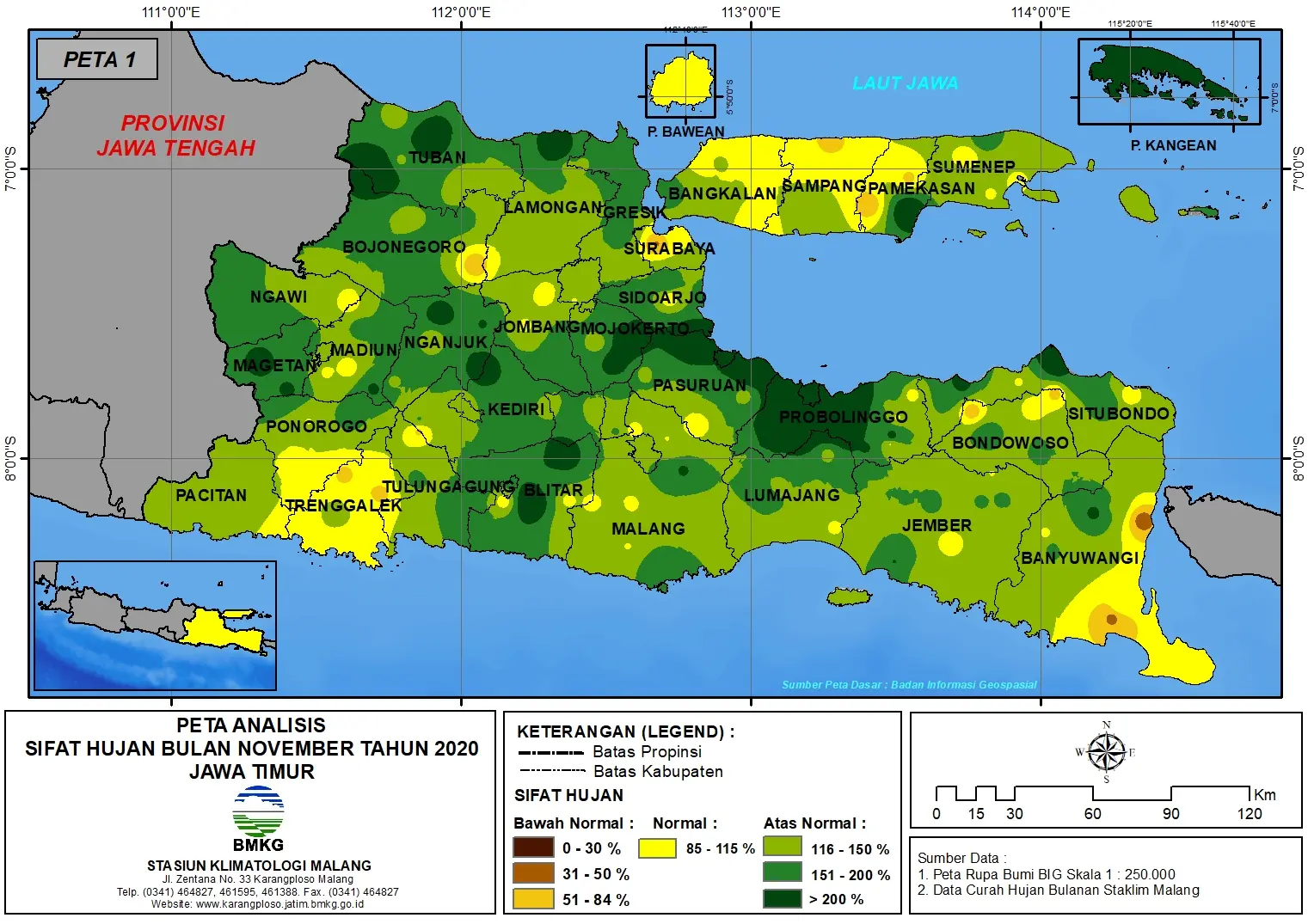 (Analisis - Bulanan) Distribusi Sifat Hujan Bulan November Tahun 2020 di Provinsi Jawa Timur