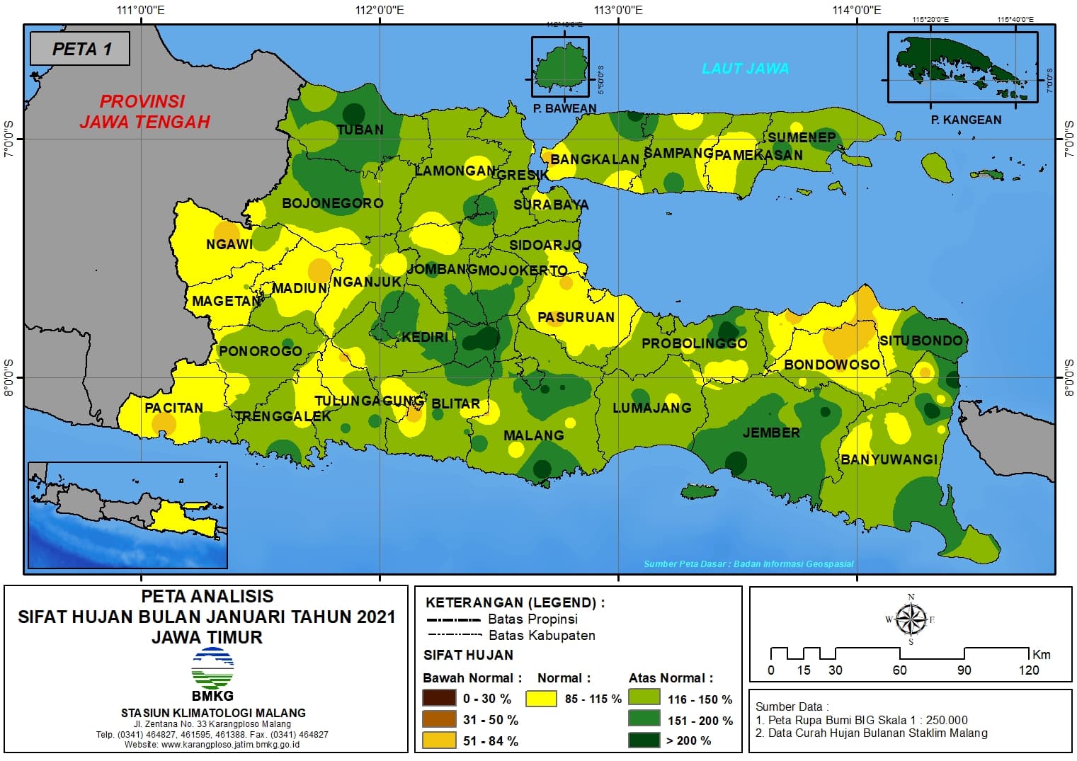 (Analisis - Bulanan) Distribusi Sifat Hujan Bulan Januari Tahun 2021 di Provinsi Jawa Timur