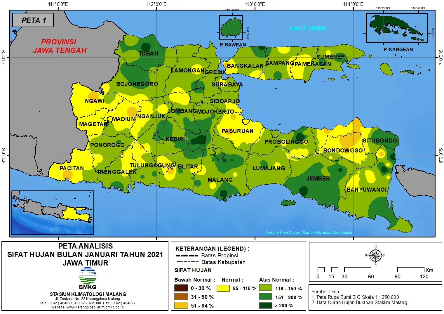 (Analisis - Bulanan) Distribusi Sifat Hujan Bulan Januari Tahun 2021 di Provinsi Jawa Timur