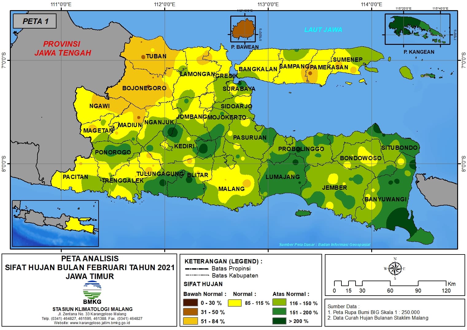 (Analisis - Bulanan) Distribusi Sifat Hujan Bulan Februari Tahun 2021 di Provinsi Jawa Timur