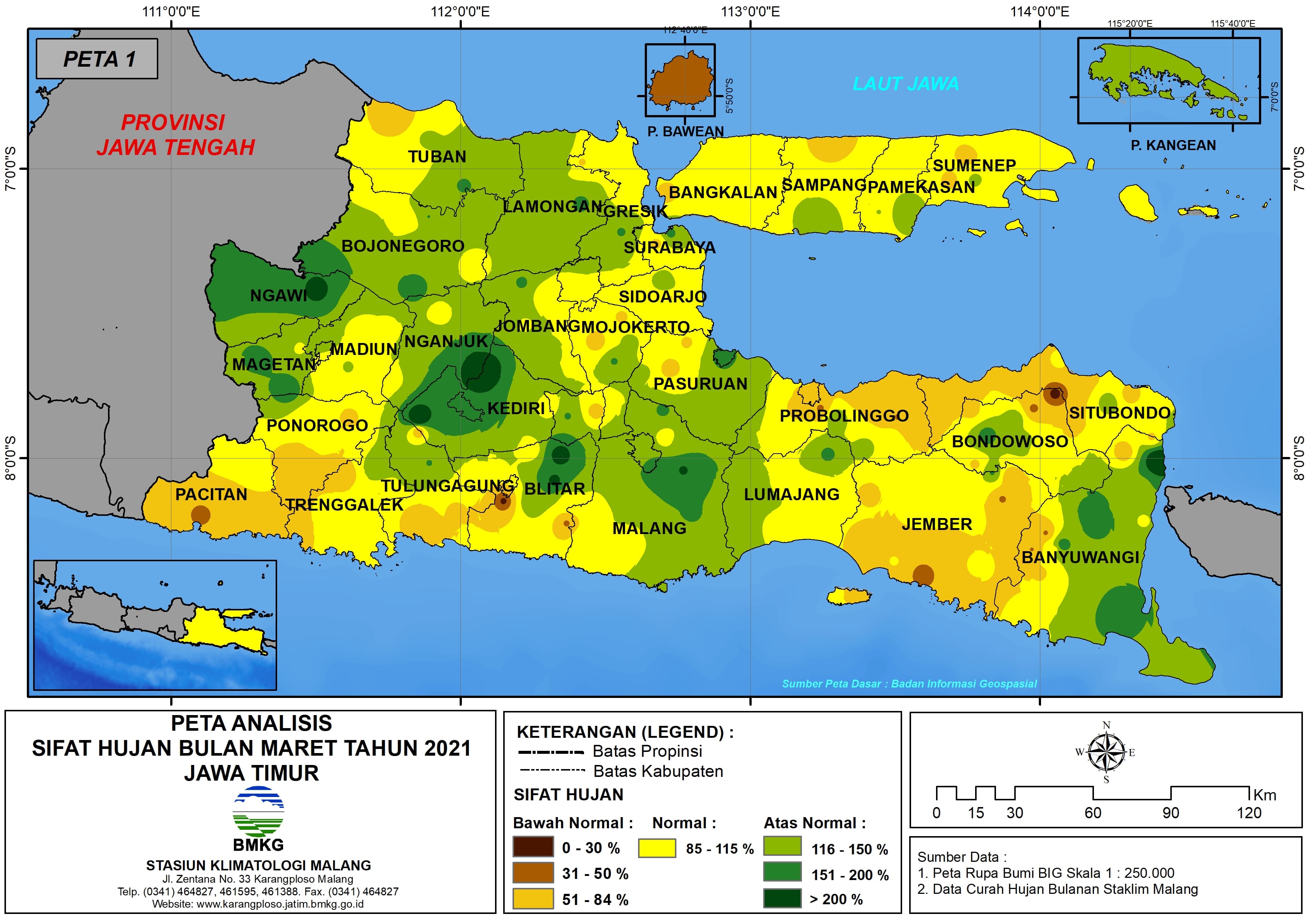 (Analisis - Bulanan) Distribusi Sifat Hujan Bulan Maret Tahun 2021 di Provinsi Jawa Timur