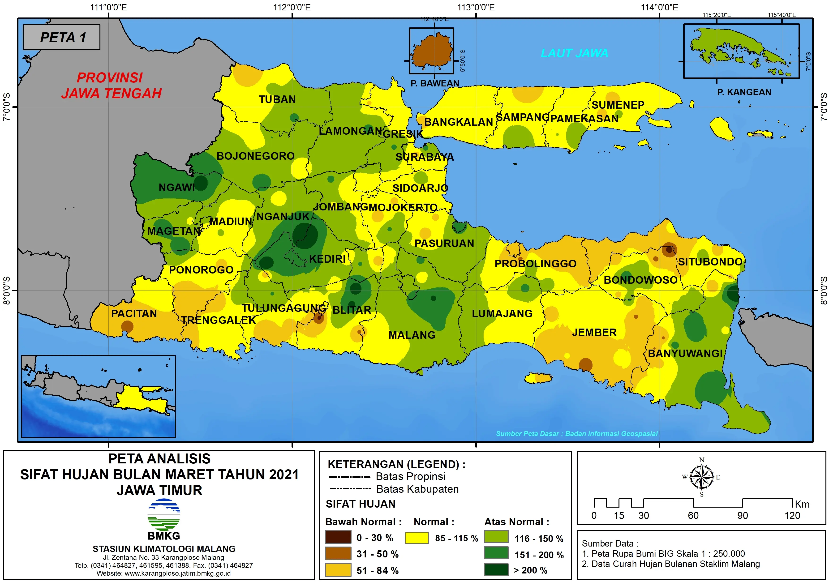 (Analisis - Bulanan) Distribusi Sifat Hujan Bulan Maret Tahun 2021 di Provinsi Jawa Timur