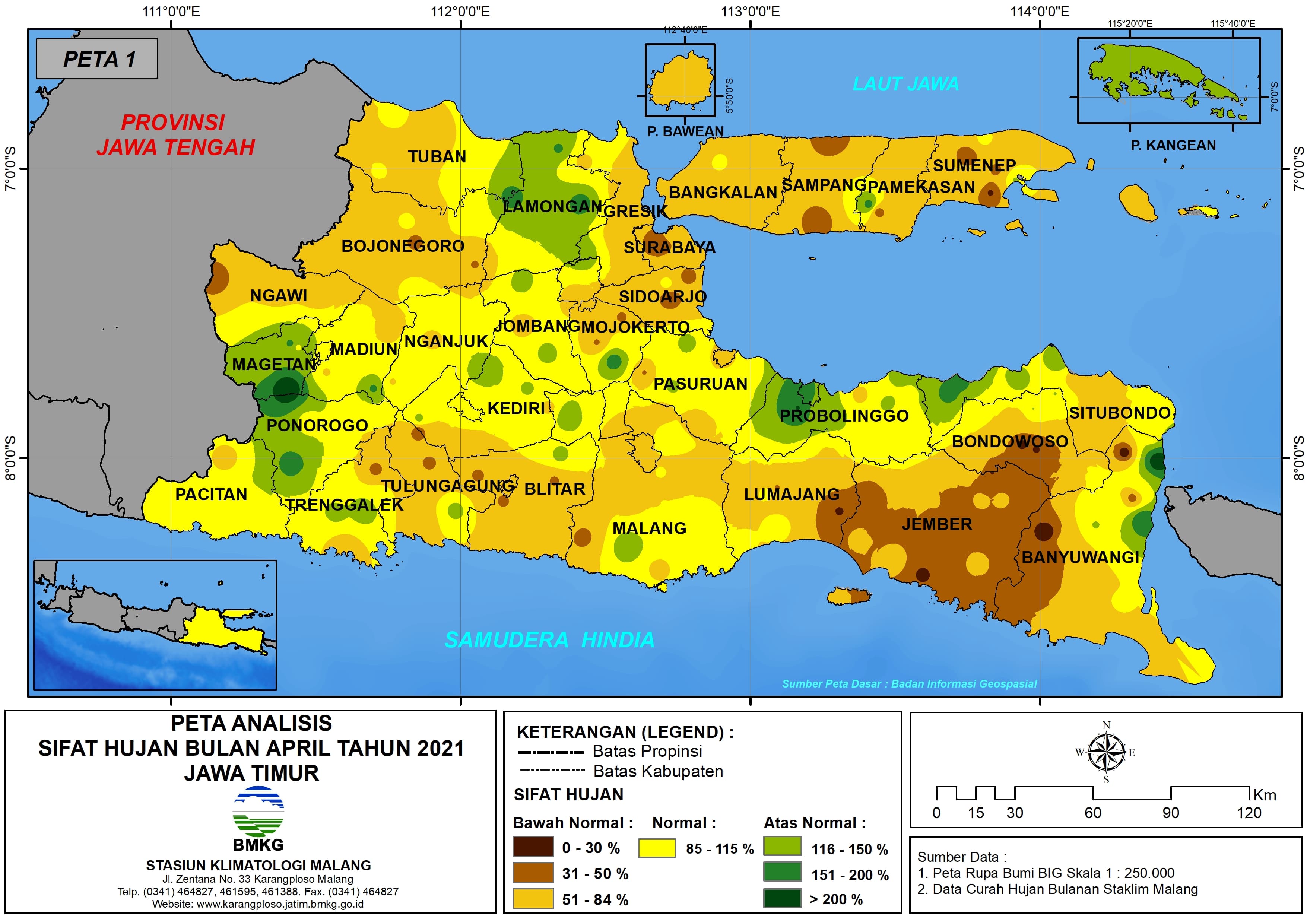 (Analisis - Bulanan) Distribusi Sifat Hujan Bulan April Tahun 2021 di Provinsi Jawa Timur