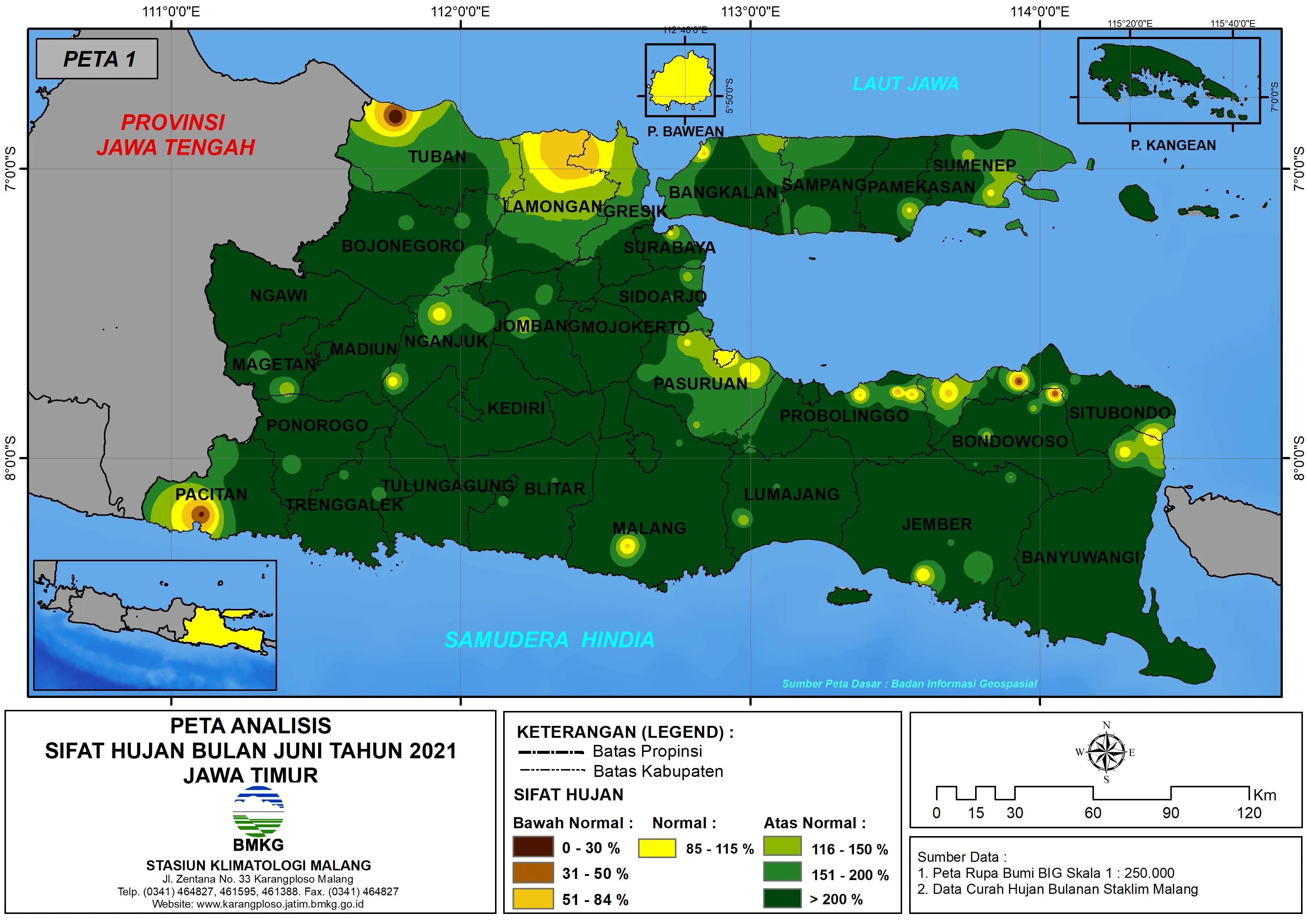 (Analisis - Bulanan) Distribusi Sifat Hujan Bulan Juni Tahun 2021 di Provinsi Jawa Timur