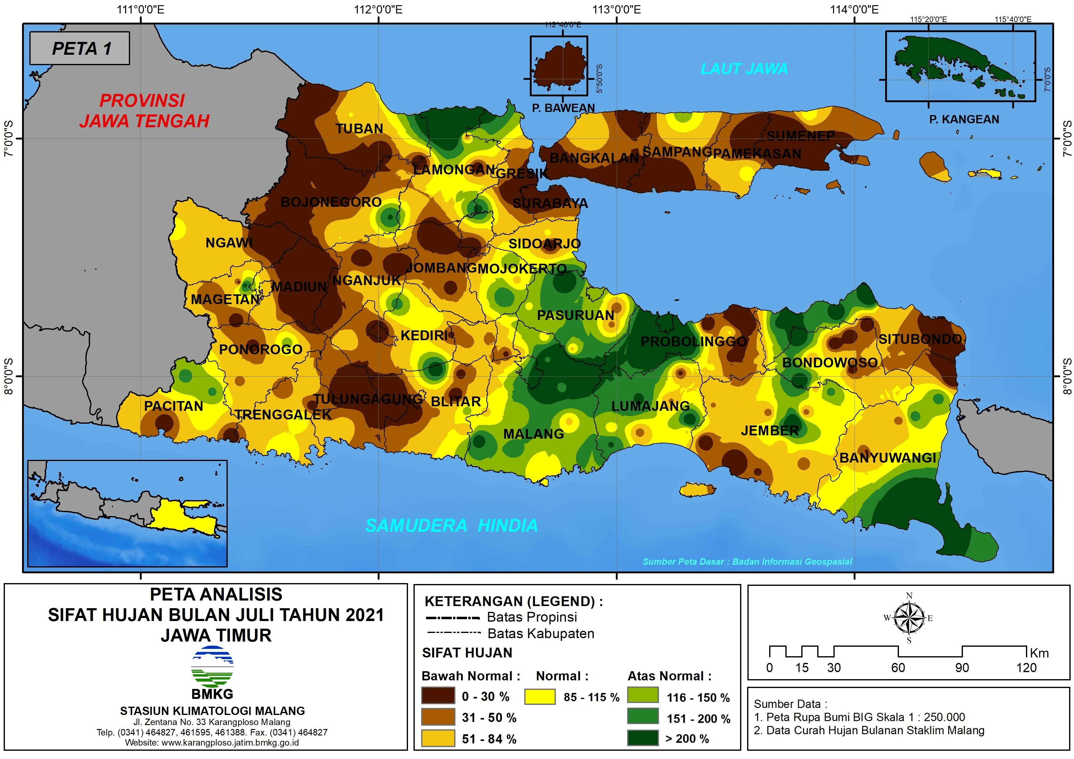 (Analisis - Bulanan) Distribusi Sifat Hujan Bulan Juli Tahun 2021 di Provinsi Jawa Timur
