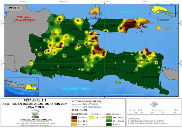 (Analisis - Bulanan) Distribusi Sifat Hujan Bulan Agustus Tahun 2021 di Provinsi Jawa Timur