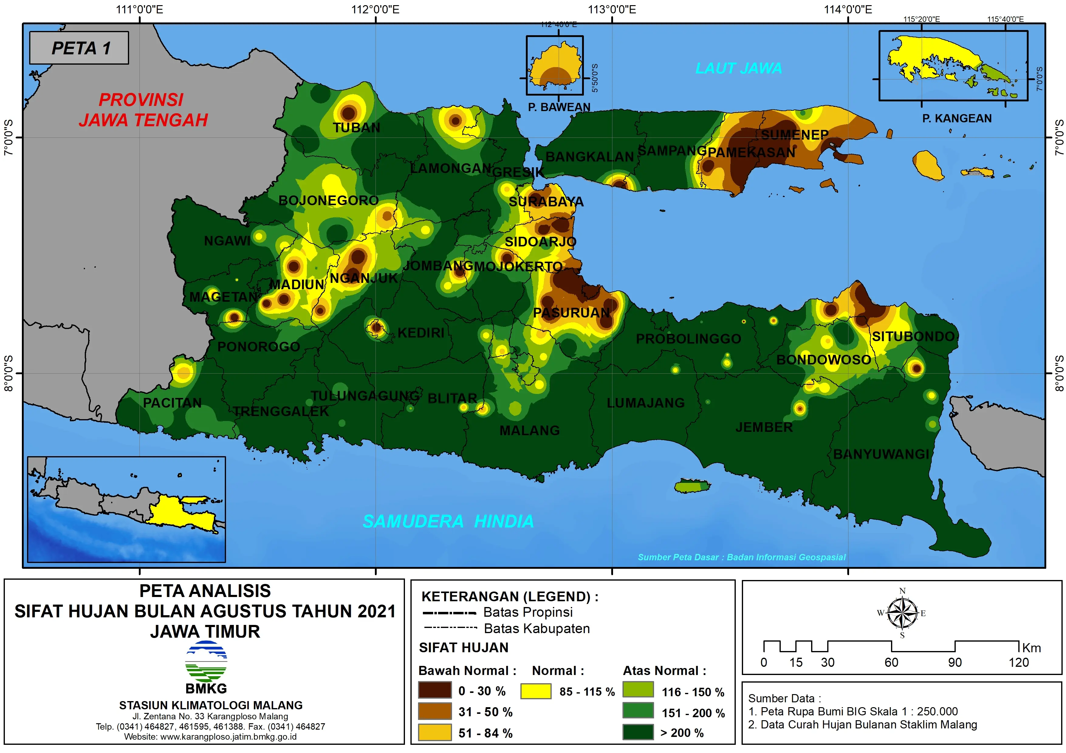 (Analisis - Bulanan) Distribusi Sifat Hujan Bulan Agustus Tahun 2021 di Provinsi Jawa Timur