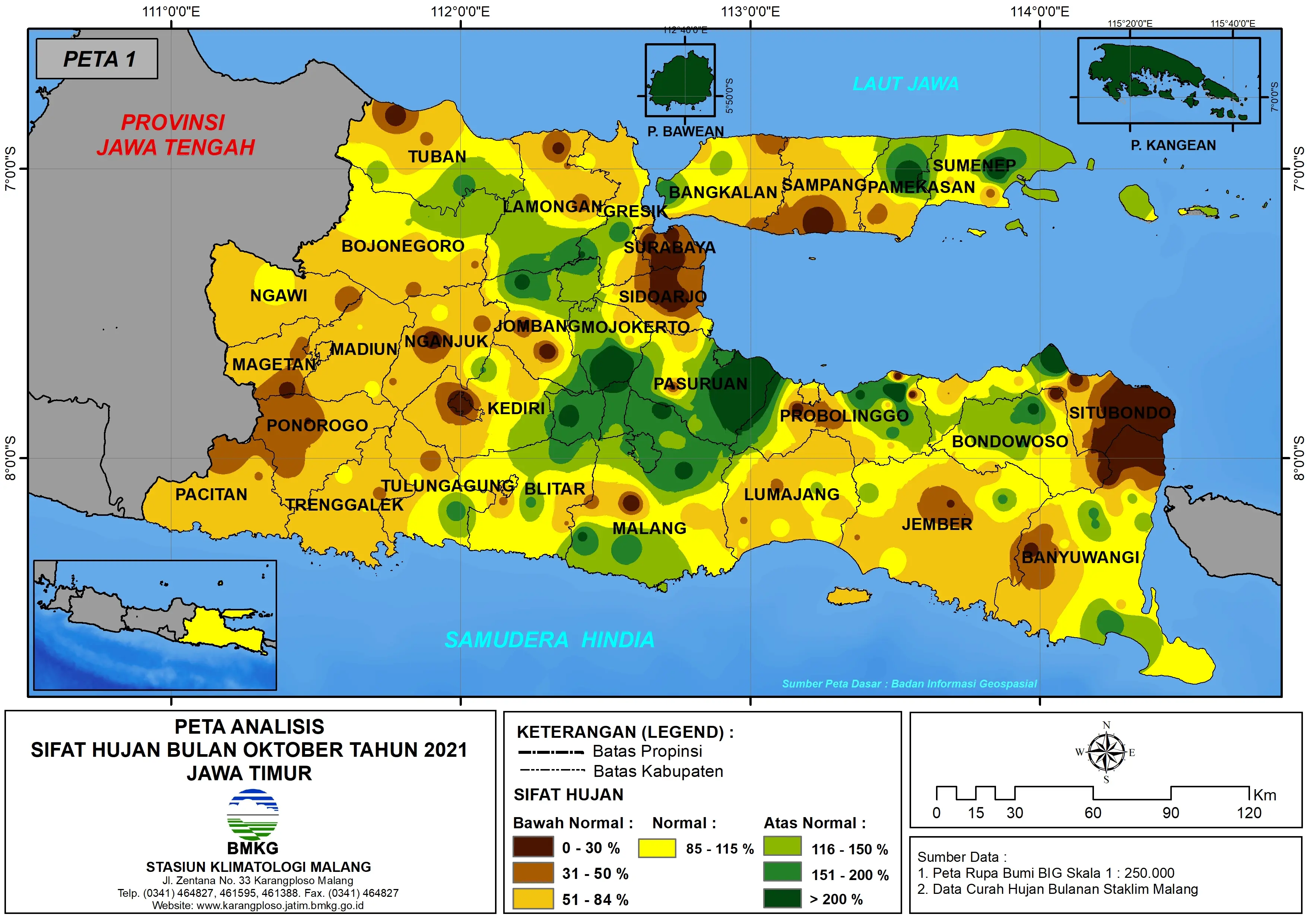 (Analisis - Bulanan) Distribusi Sifat Hujan Bulan Oktober Tahun 2021 di Provinsi Jawa Timur