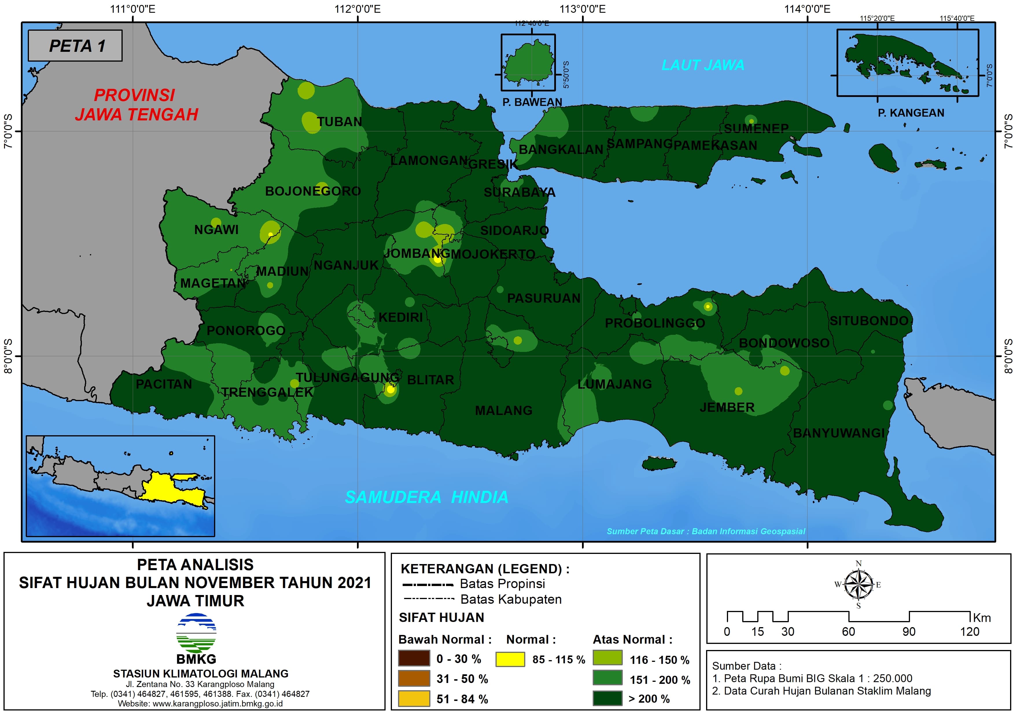(Analisis - Bulanan) Distribusi Sifat Hujan Bulan November Tahun 2021 di Provinsi Jawa Timur