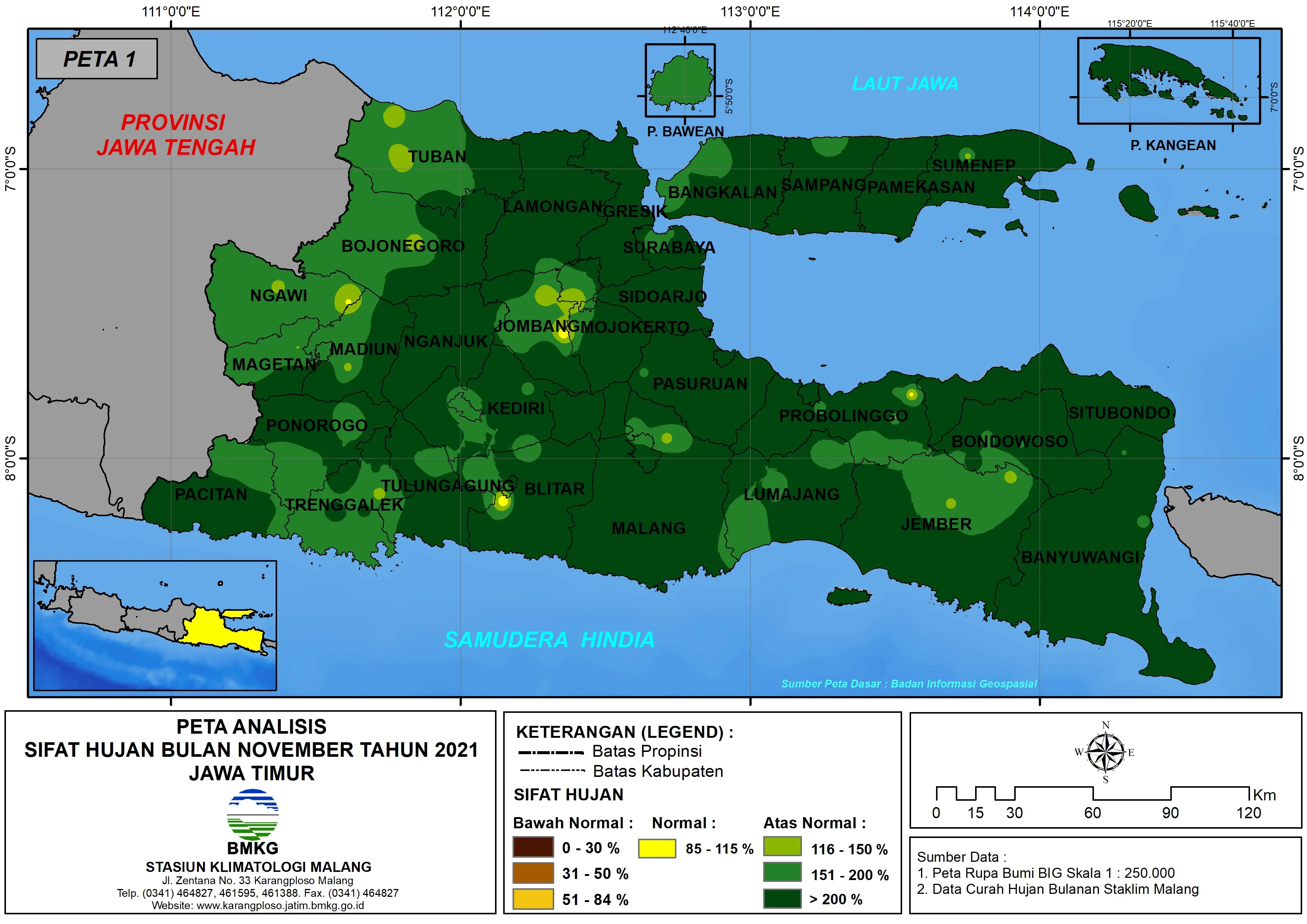 (Analisis - Bulanan) Distribusi Sifat Hujan Bulan November Tahun 2021 di Provinsi Jawa Timur