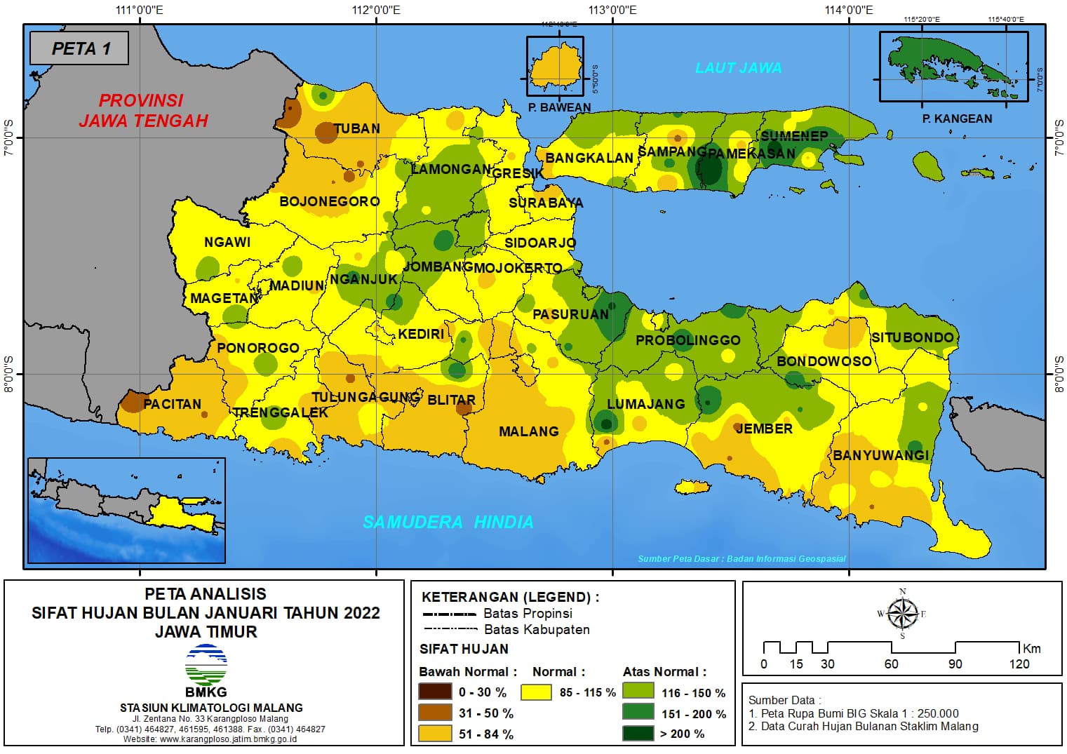 ( Analisis - Bulanan ) Distribusi Sifat Hujan Bulan Januari Tahun 2022 di Provinsi Jawa Timur