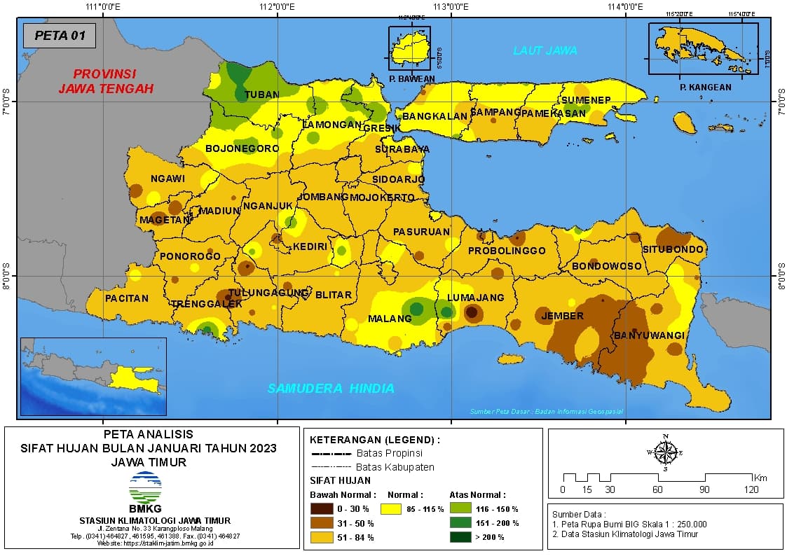( Analisis - Bulanan ) Distribusi Sifat Hujan Bulan Januari Tahun 2023 di Provinsi Jawa Timur