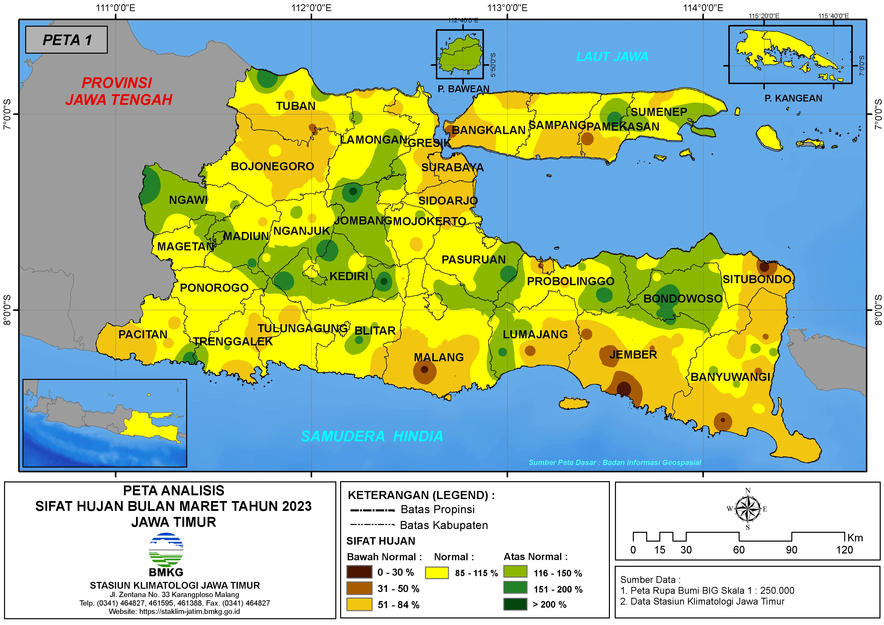 ( Analisis - Bulanan ) Distribusi Sifat Hujan Bulan Maret Tahun 2023 di Provinsi Jawa Timur