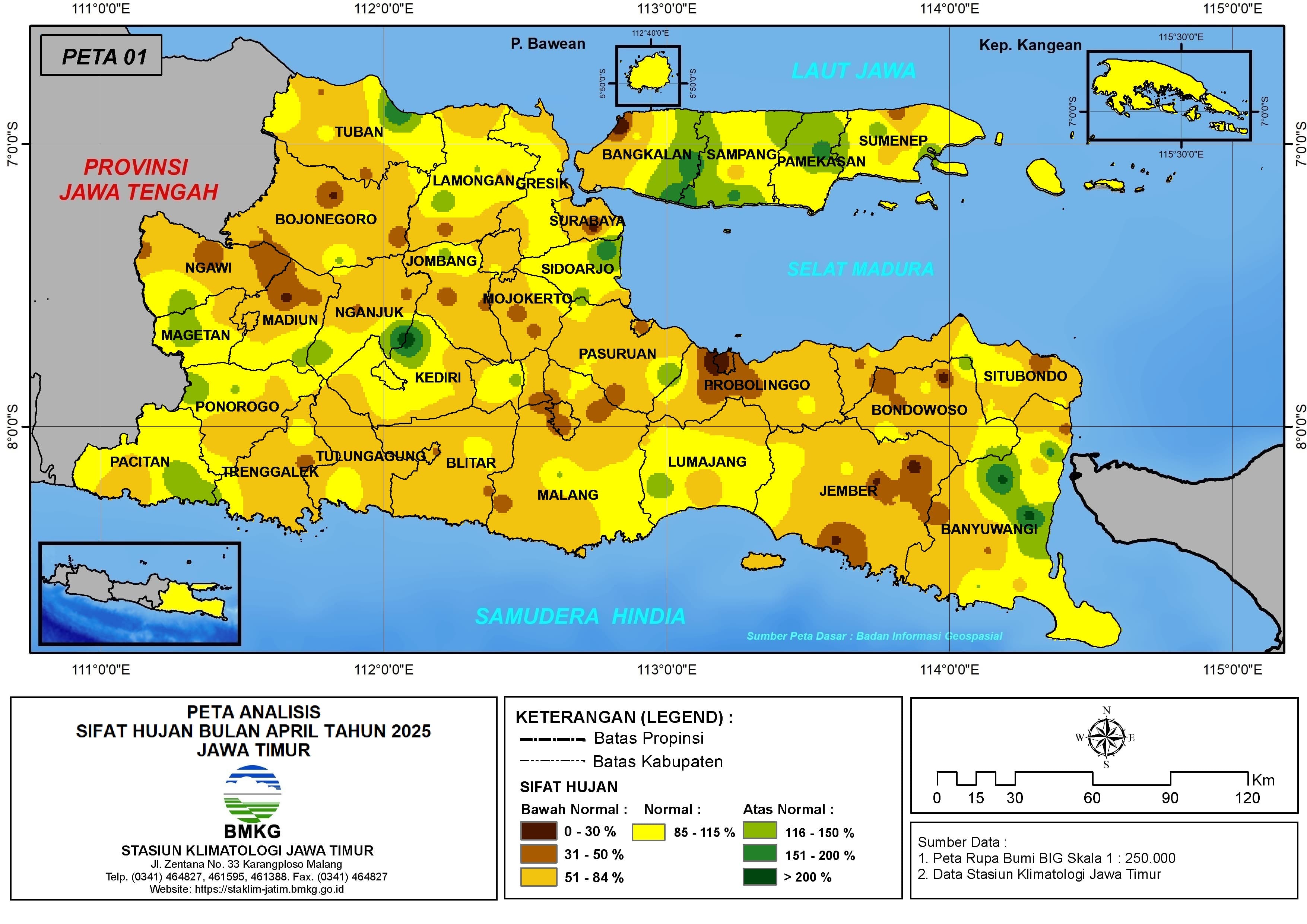 ( Analisis - Bulanan ) Distribusi Sifat Hujan Bulan April Tahun 2025 di Provinsi Jawa Timur