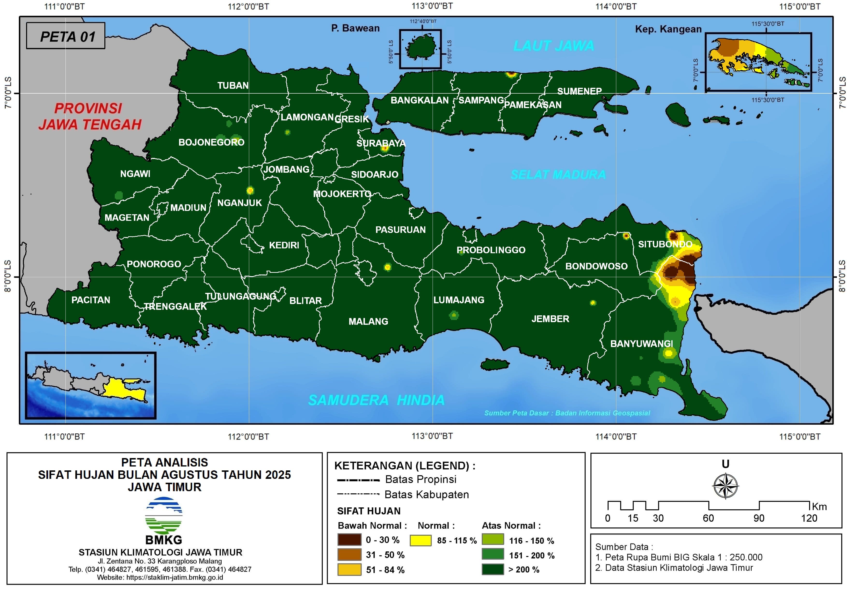 ( Analisis - Bulanan ) Distribusi Sifat Hujan Bulan Agustus Tahun 2025 di Provinsi Jawa Timur