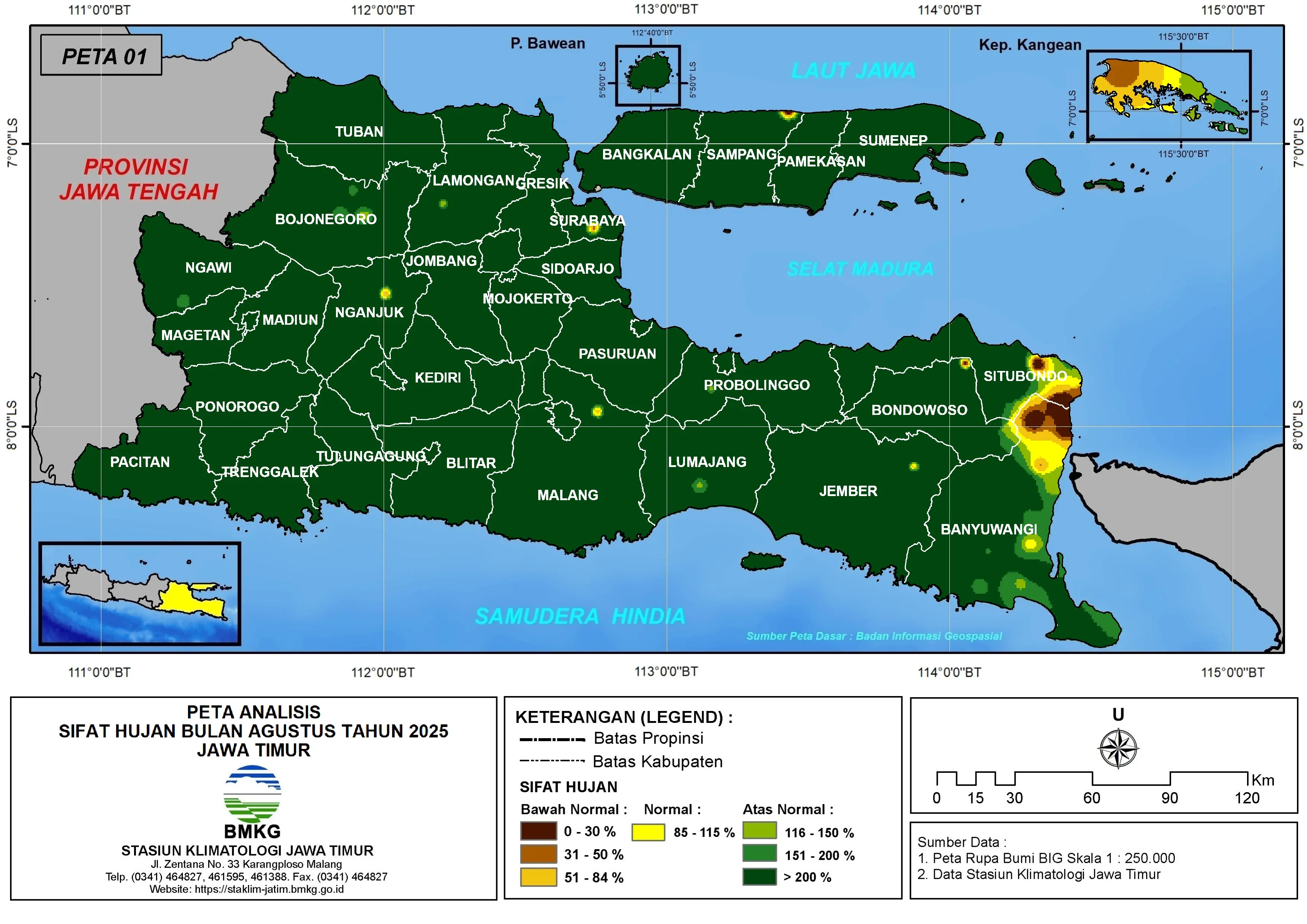 ( Analisis - Bulanan ) Distribusi Sifat Hujan Bulan Agustus Tahun 2025 di Provinsi Jawa Timur