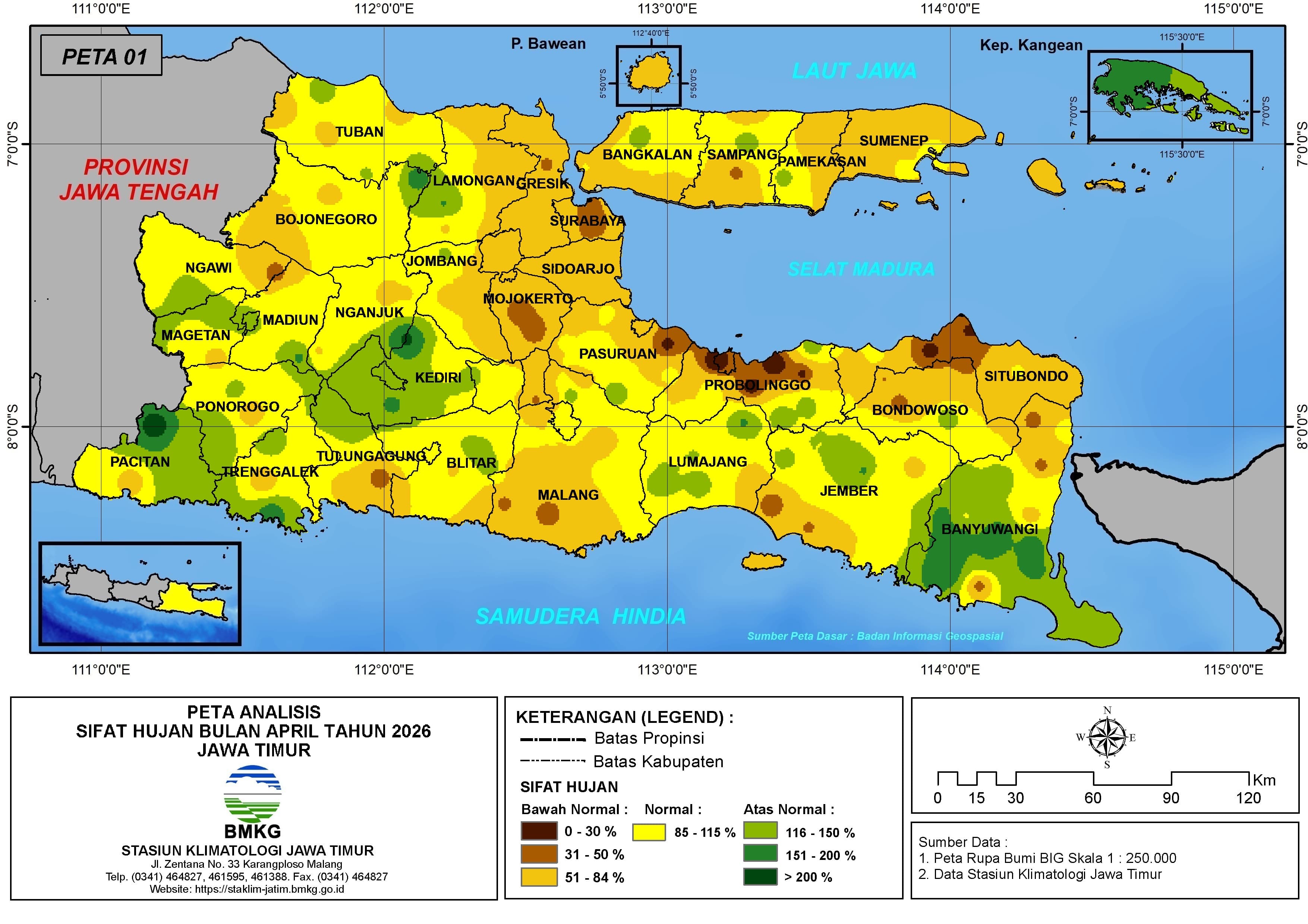( Analisis - Bulanan ) Distribusi Sifat Hujan Bulan April Tahun 2026 di Provinsi Jawa Timur
