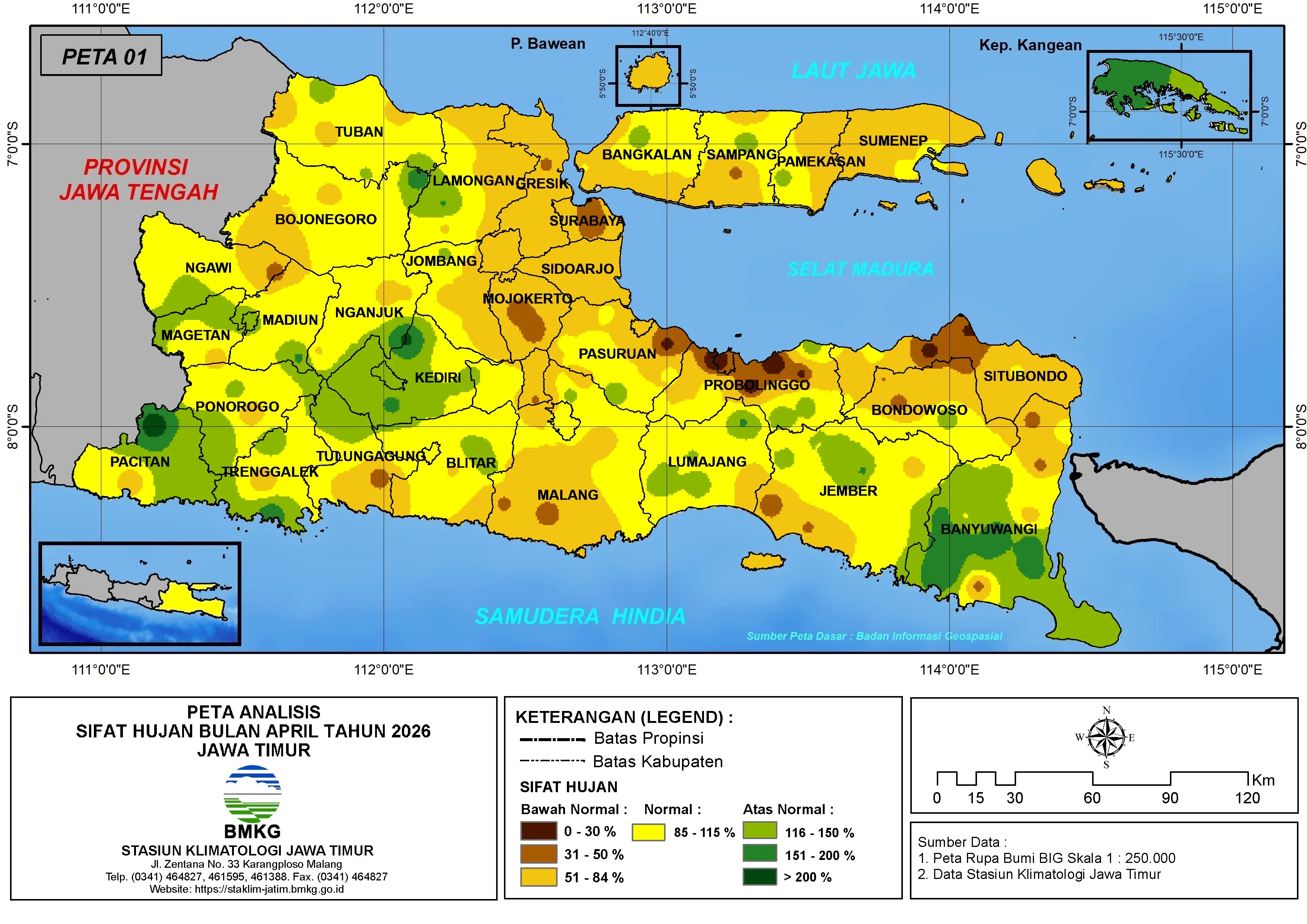 ( Analisis - Bulanan ) Distribusi Sifat Hujan Bulan April Tahun 2026 di Provinsi Jawa Timur