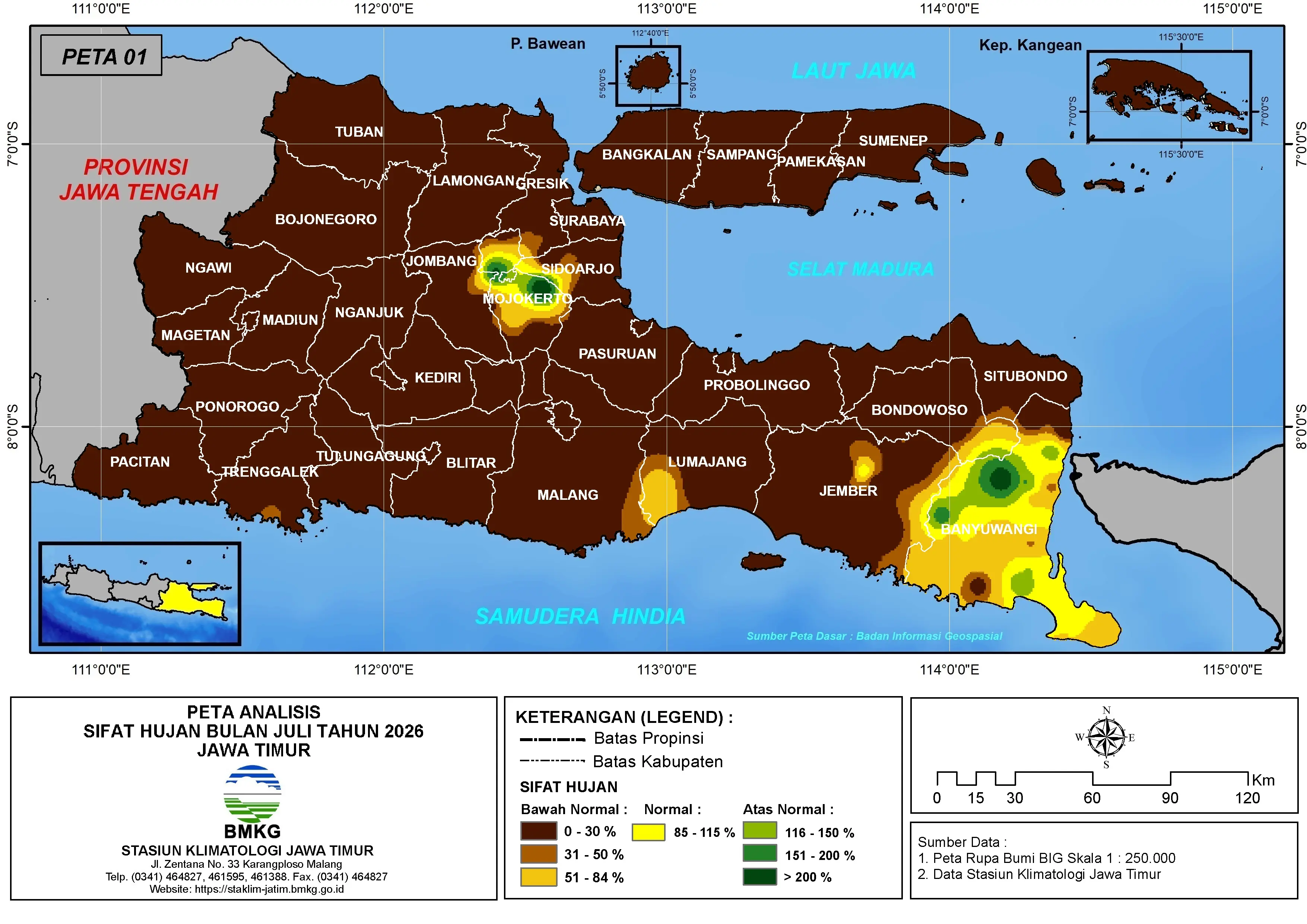 ( Analisis - Bulanan ) Distribusi Sifat Hujan Bulan Juli Tahun 2026 di Provinsi Jawa Timur