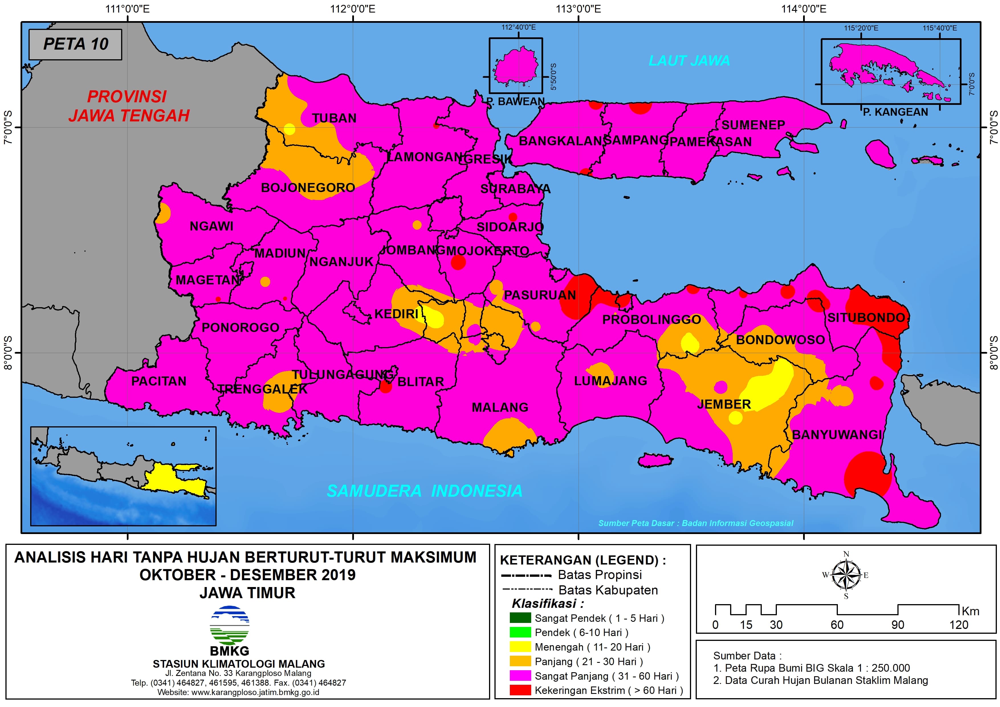 |Analisis - Bulanan| Hari Tanpa Hujan Berturut-Turut Maksimum di Provinsi Jawa Timur Bulan Oktober - November - Desember Tahun 2019