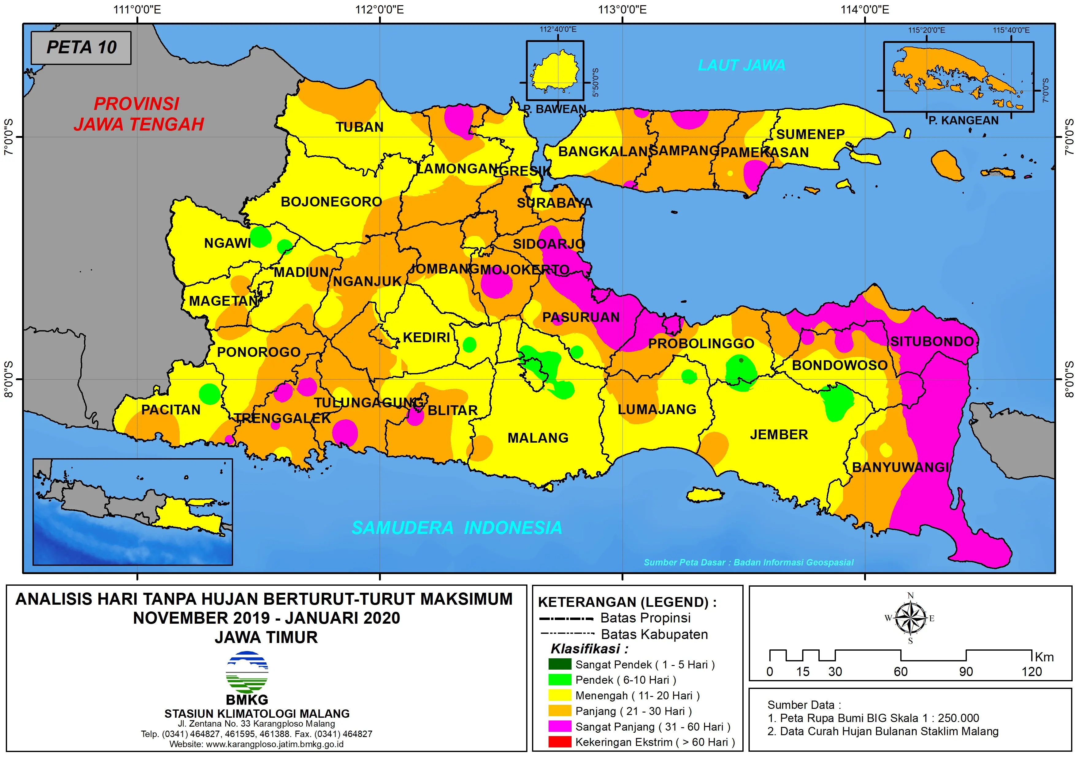 (Analisis - Bulanan) Hari Tanpa Hujan Berturut-Turut Maksimum di Provinsi Jawa Timur Bulan November - Desember Tahun 2019 - Bulan Januari Tahun 2020