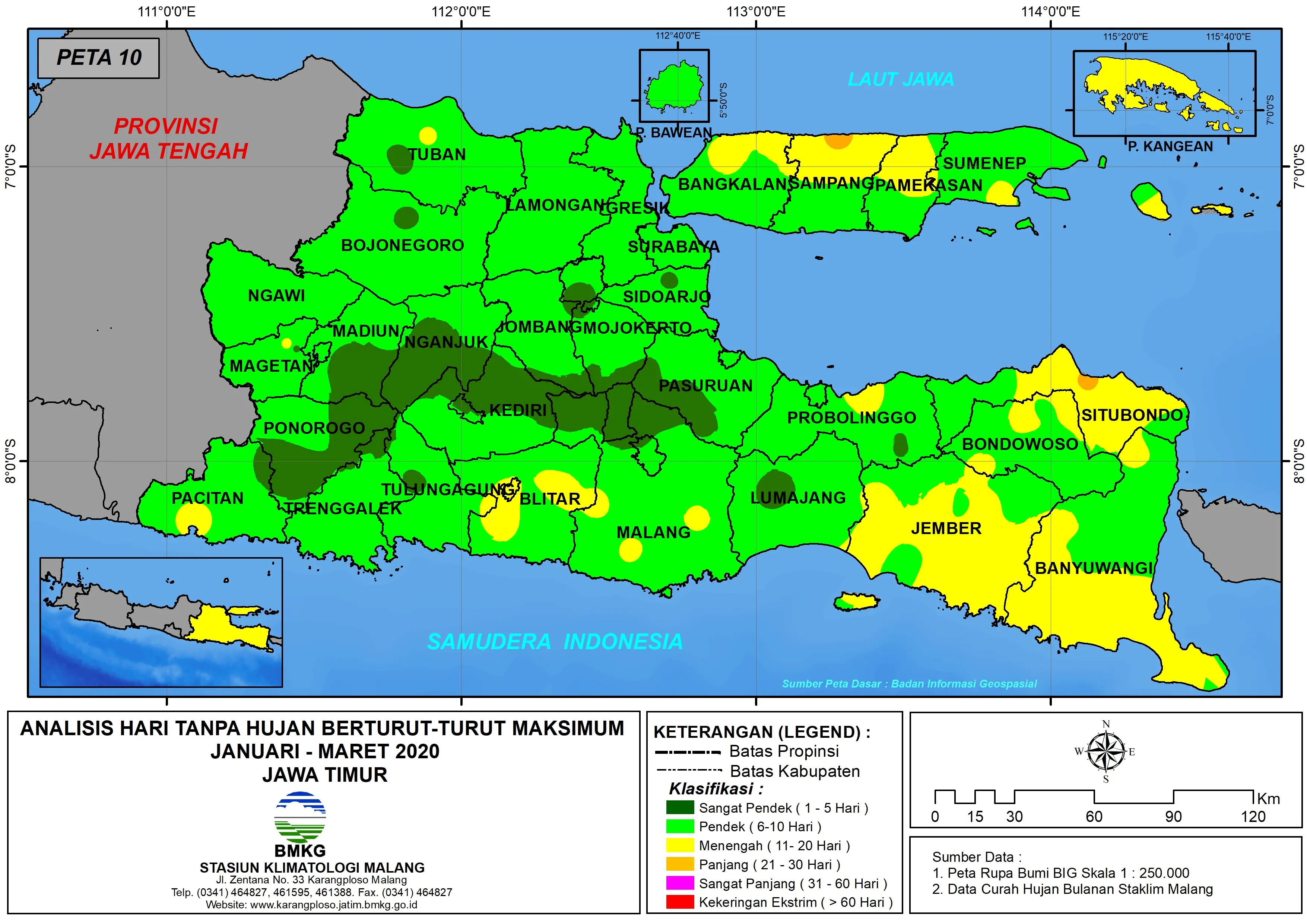 (Analisis - Bulanan) Hari Tanpa Hujan Berturut-Turut Maksimum di Provinsi Jawa Timur Bulan Januari - Februari - Maret Tahun 2020