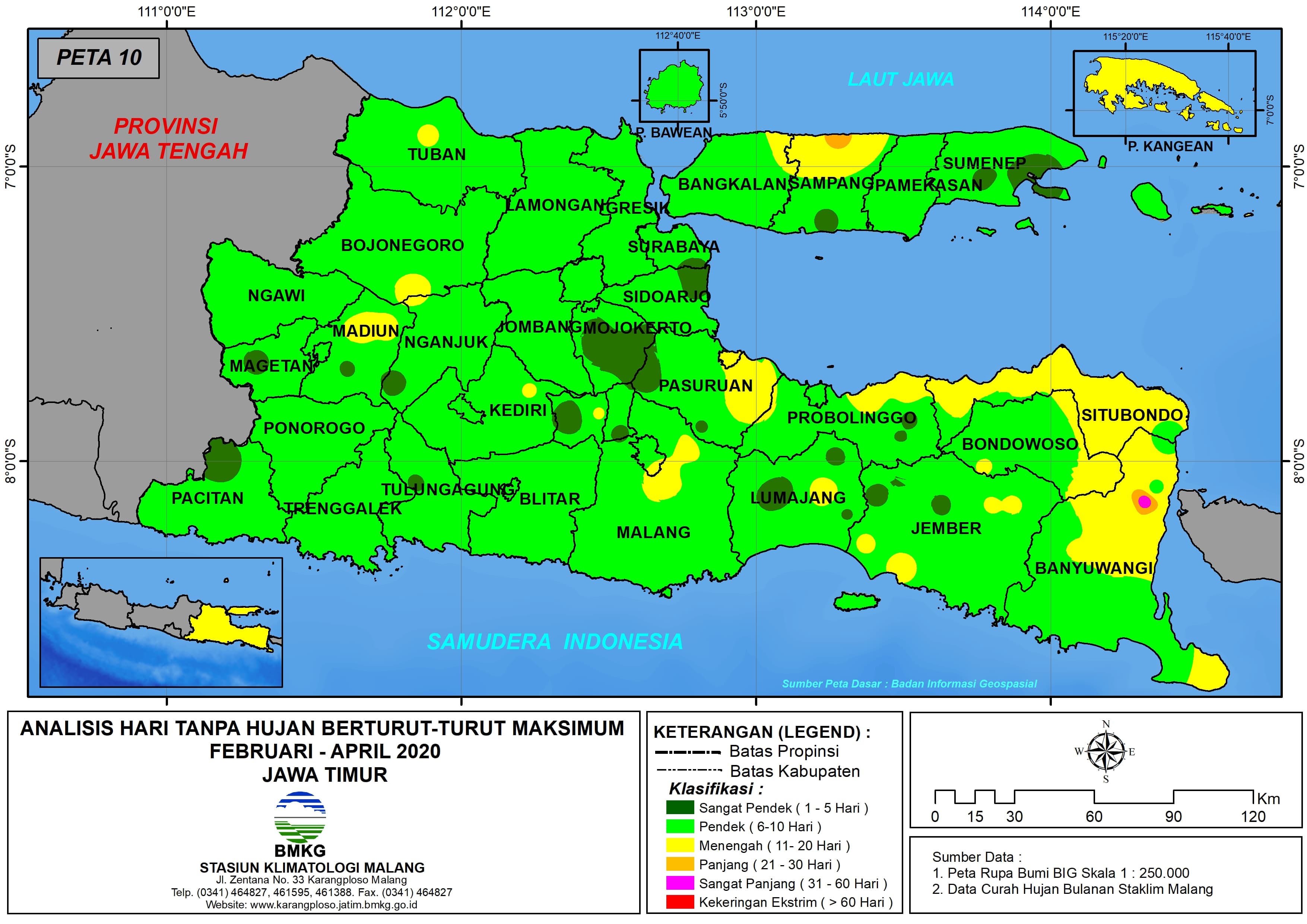 (Analisis - Bulanan) Hari Tanpa Hujan Berturut-Turut Maksimum di Provinsi Jawa Timur Bulan Februari - Maret - April Tahun 2020