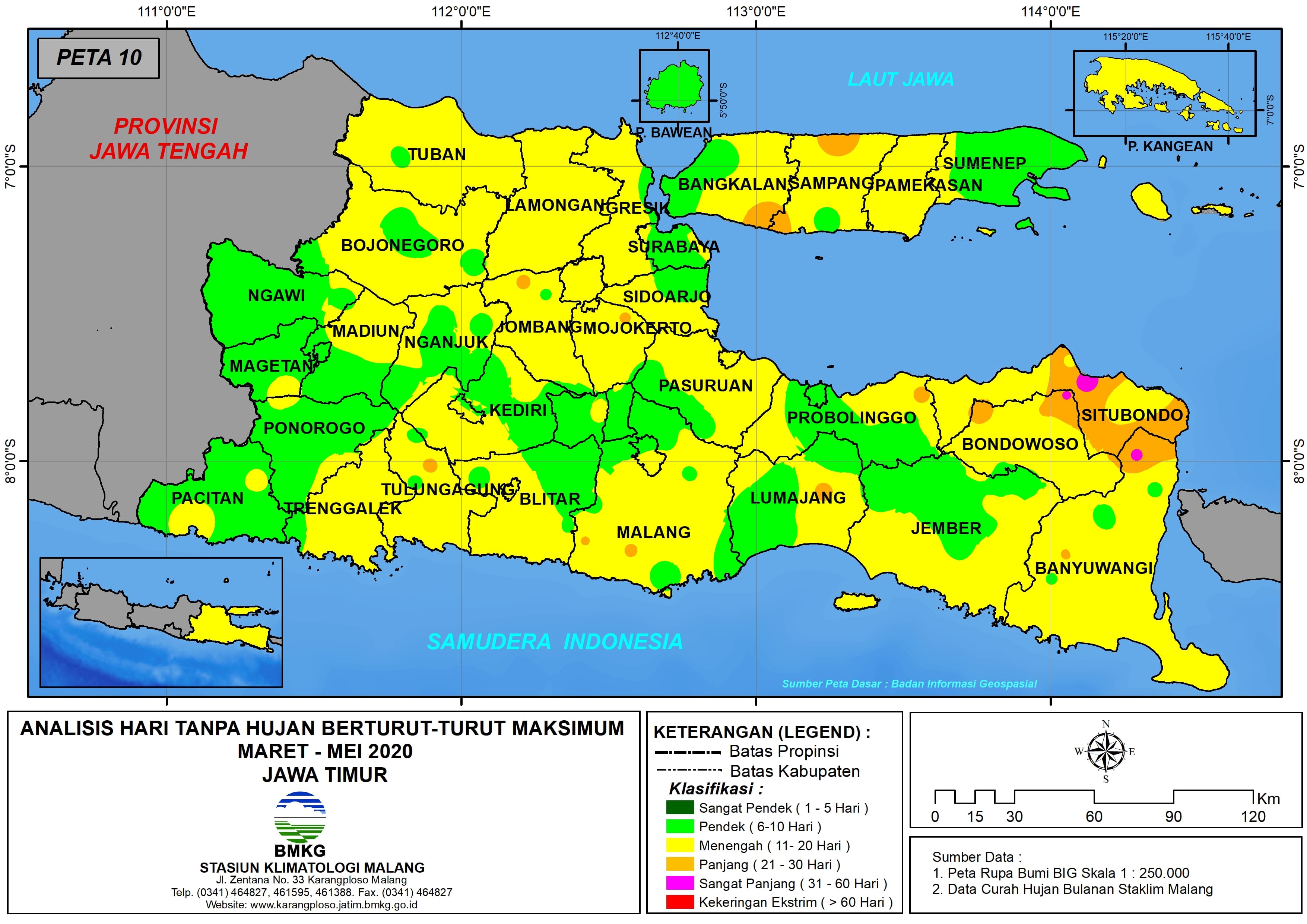 (Analisis - Bulanan) Hari Tanpa Hujan Berturut-Turut Maksimum di Provinsi Jawa Timur Bulan Maret - April - Mei Tahun 2020