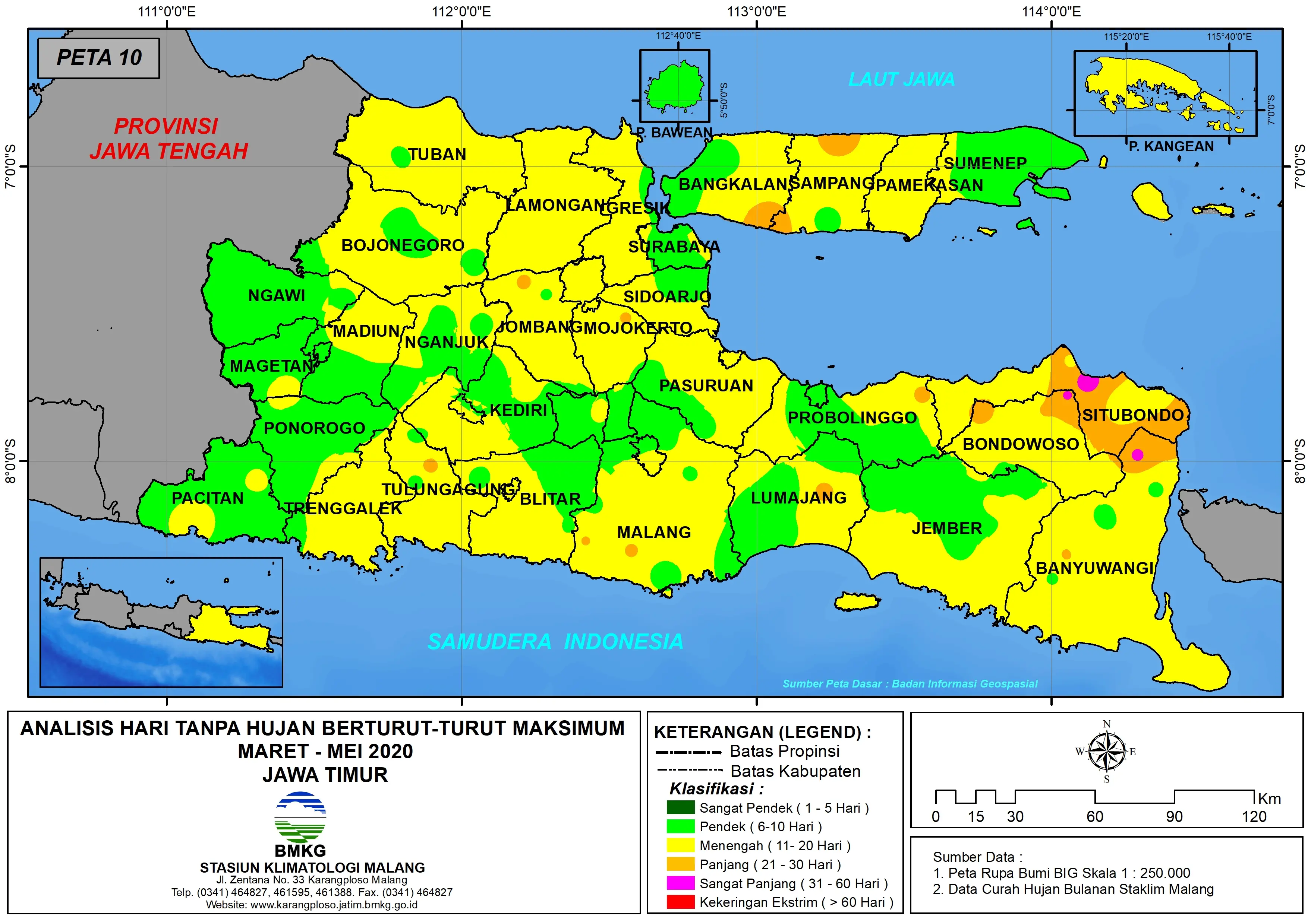 (Analisis - Bulanan) Hari Tanpa Hujan Berturut-Turut Maksimum di Provinsi Jawa Timur Bulan Maret - April - Mei Tahun 2020