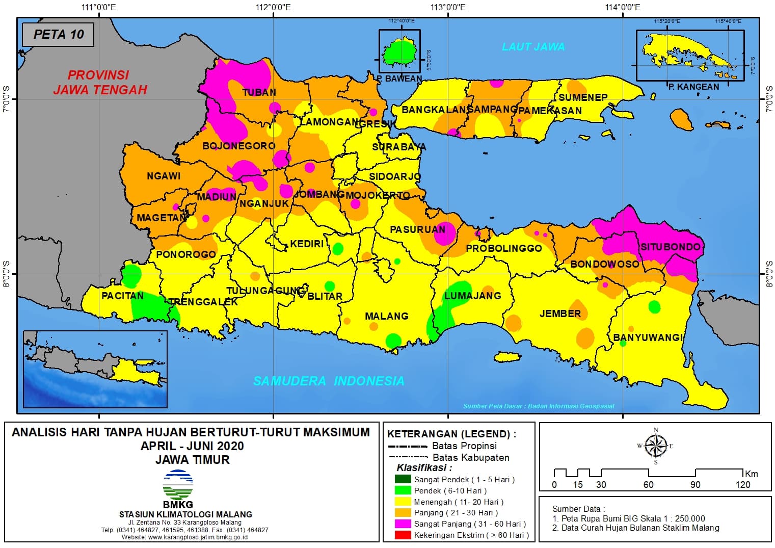 (Analisis - Bulanan) Hari Tanpa Hujan Berturut-Turut Maksimum di Provinsi Jawa Timur Bulan April - Mei - Juni Tahun 2020