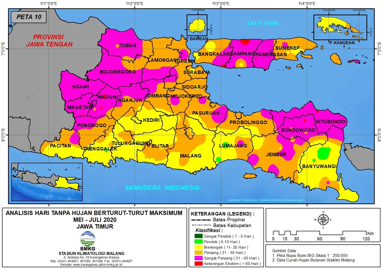 (Analisis - Bulanan) Hari Tanpa Hujan Berturut-Turut Maksimum di Provinsi Jawa Timur Bulan Mei - Juni - Juli Tahun 2020