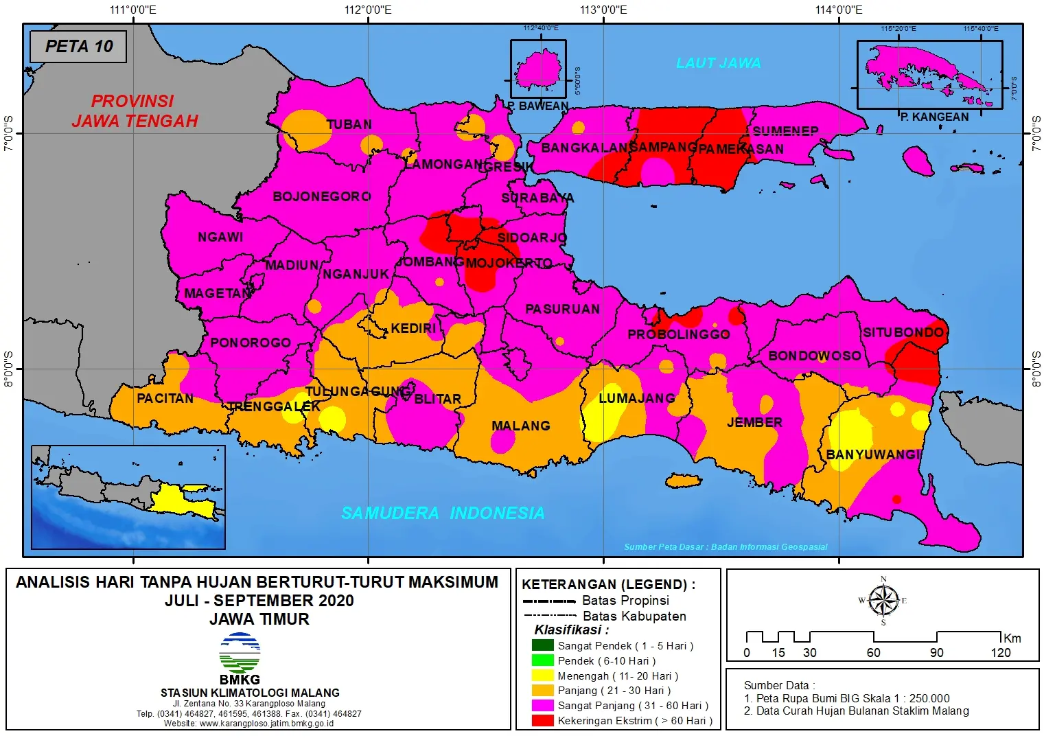 (Analisis - Bulanan) Hari Tanpa Hujan Berturut-Turut Maksimum di Provinsi Jawa Timur Bulan Juli - Agustus - September Tahun 2020