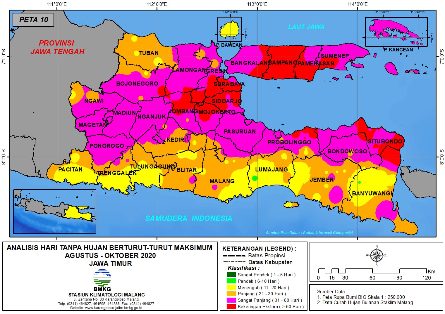 (Analisis - Bulanan) Hari Tanpa Hujan Berturut-Turut Maksimum di Provinsi Jawa Timur Bulan Agustus - September - Oktober Tahun 2020