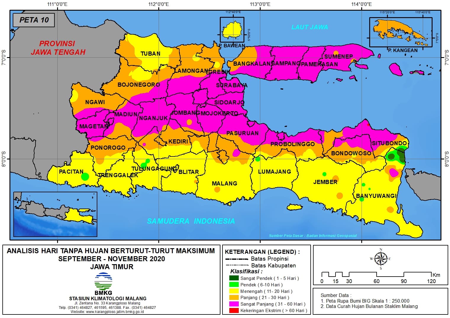 (Analisis - Bulanan) Hari Tanpa Hujan Berturut-Turut Maksimum di Provinsi Jawa Timur Bulan September - Oktober - November Tahun 2020