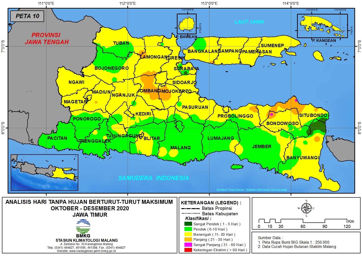 (Analisis - Bulanan) Hari Tanpa Hujan Berturut-Turut Maksimum di Provinsi Jawa Timur Bulan Oktober - November - Desember Tahun 2020