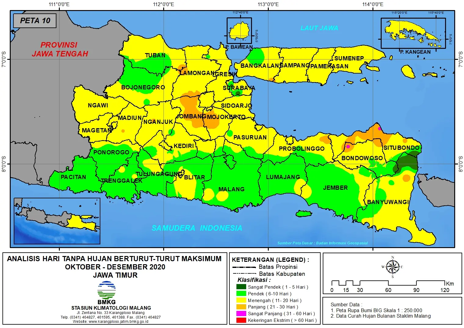 (Analisis - Bulanan) Hari Tanpa Hujan Berturut-Turut Maksimum di Provinsi Jawa Timur Bulan Oktober - November - Desember Tahun 2020