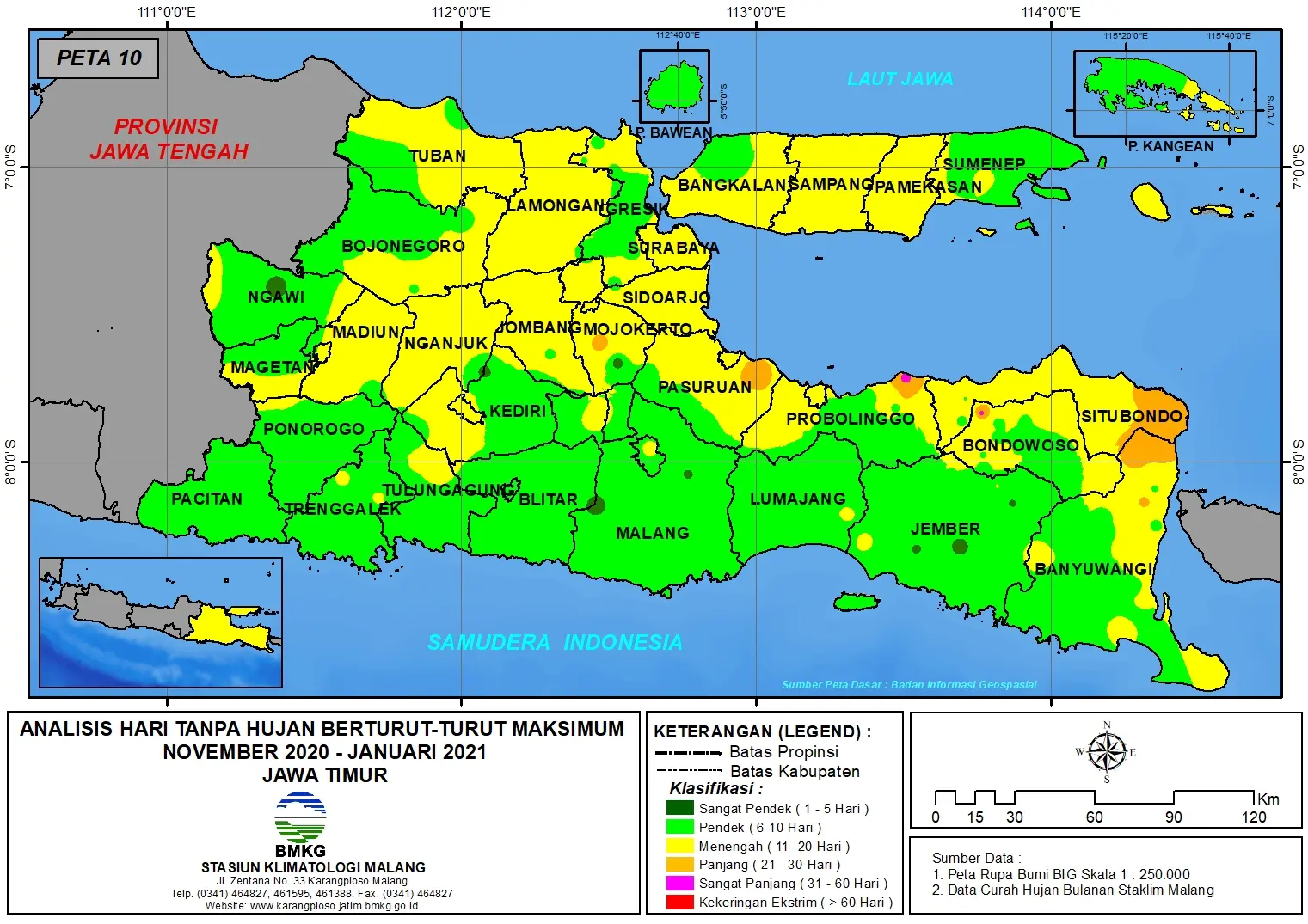 (Analisis - Bulanan) Hari Tanpa Hujan Berturut-Turut Maksimum di Provinsi Jawa Timur Bulan November - Desember Tahun 2020 - Januari Tahun 2021