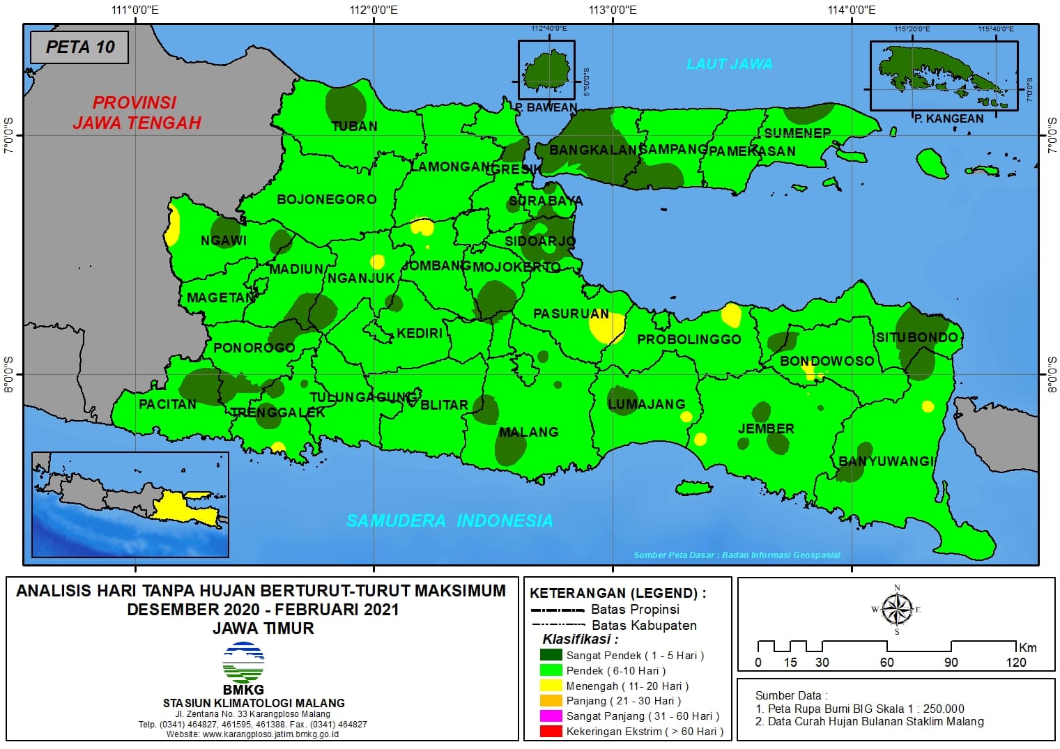 (Analisis - Bulanan) Hari Tanpa Hujan Berturut-Turut Maksimum di Provinsi Jawa Timur Bulan Desember Tahun 2020 - Januari - Februari Tahun 2021