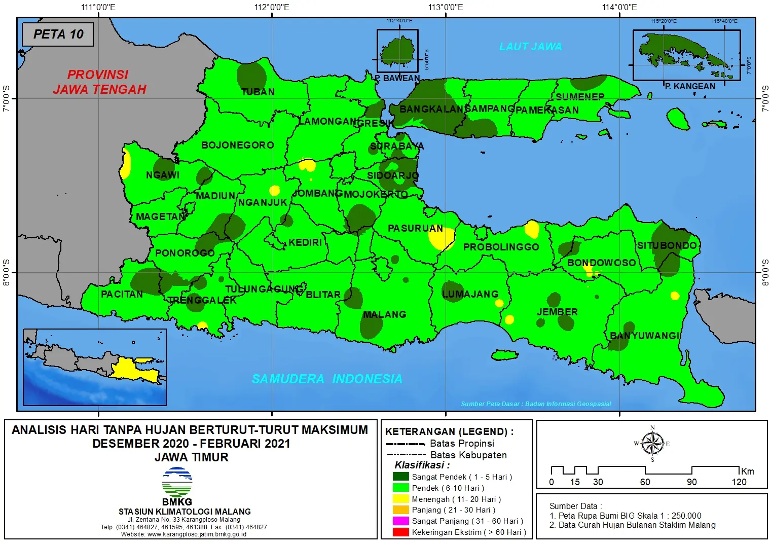 (Analisis - Bulanan) Hari Tanpa Hujan Berturut-Turut Maksimum di Provinsi Jawa Timur Bulan Desember Tahun 2020 - Januari - Februari Tahun 2021