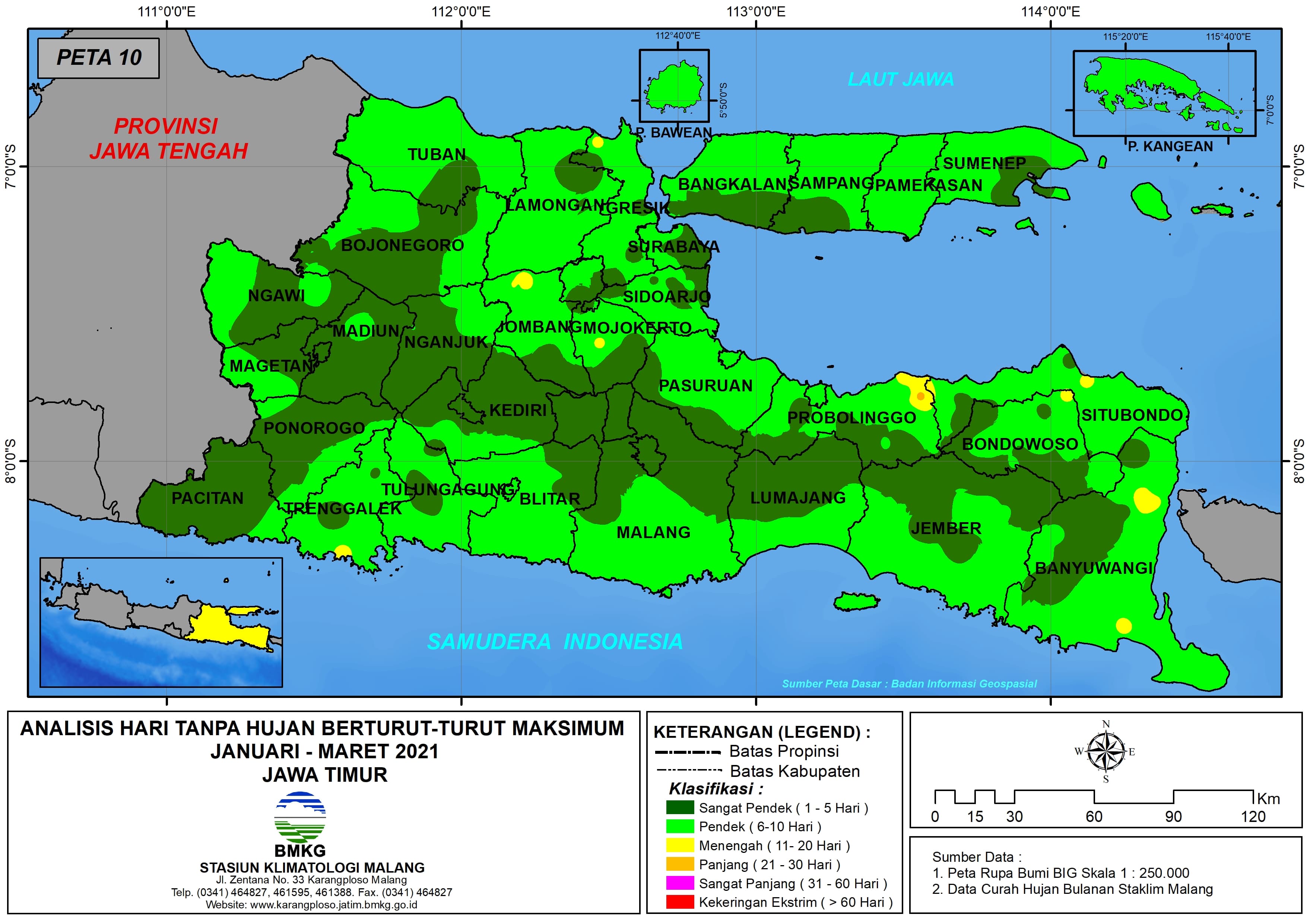 (Analisis - Bulanan) Hari Tanpa Hujan Berturut-Turut Maksimum di Provinsi Jawa Timur Bulan Desember Tahun 2020 - Januari - Februari Tahun 2021