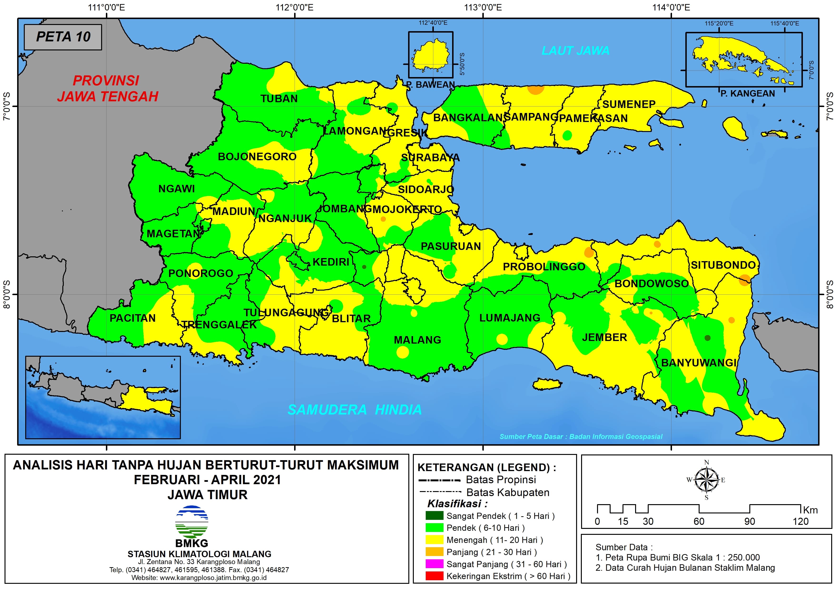 (Analisis - Bulanan) Hari Tanpa Hujan Berturut-Turut Maksimum di Provinsi Jawa Timur Bulan Februari - Maret - April Tahun 2021