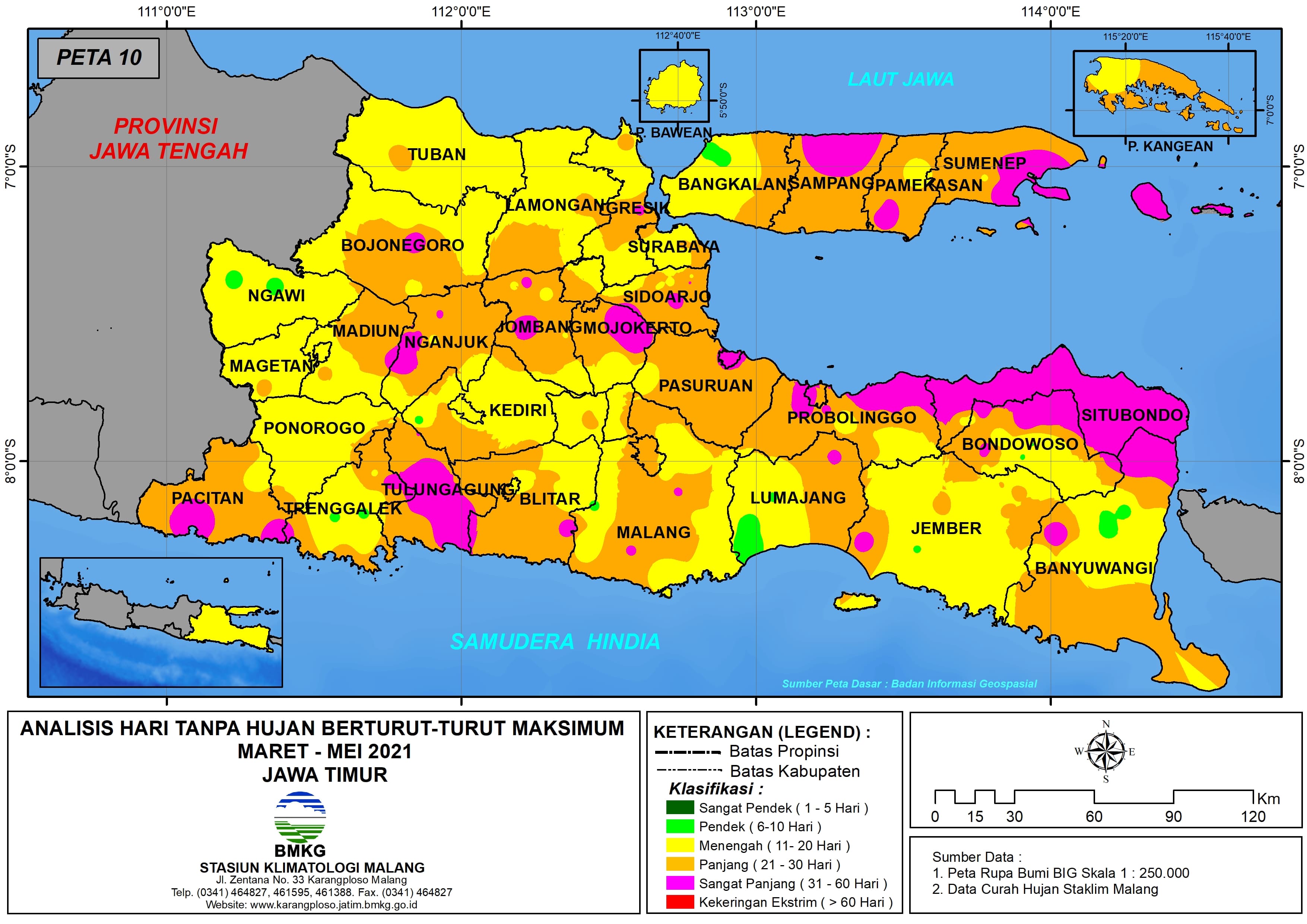 (Analisis - Bulanan) Hari Tanpa Hujan Berturut-Turut Maksimum di Provinsi Jawa Timur Bulan Maret - April - Mei Tahun 2021