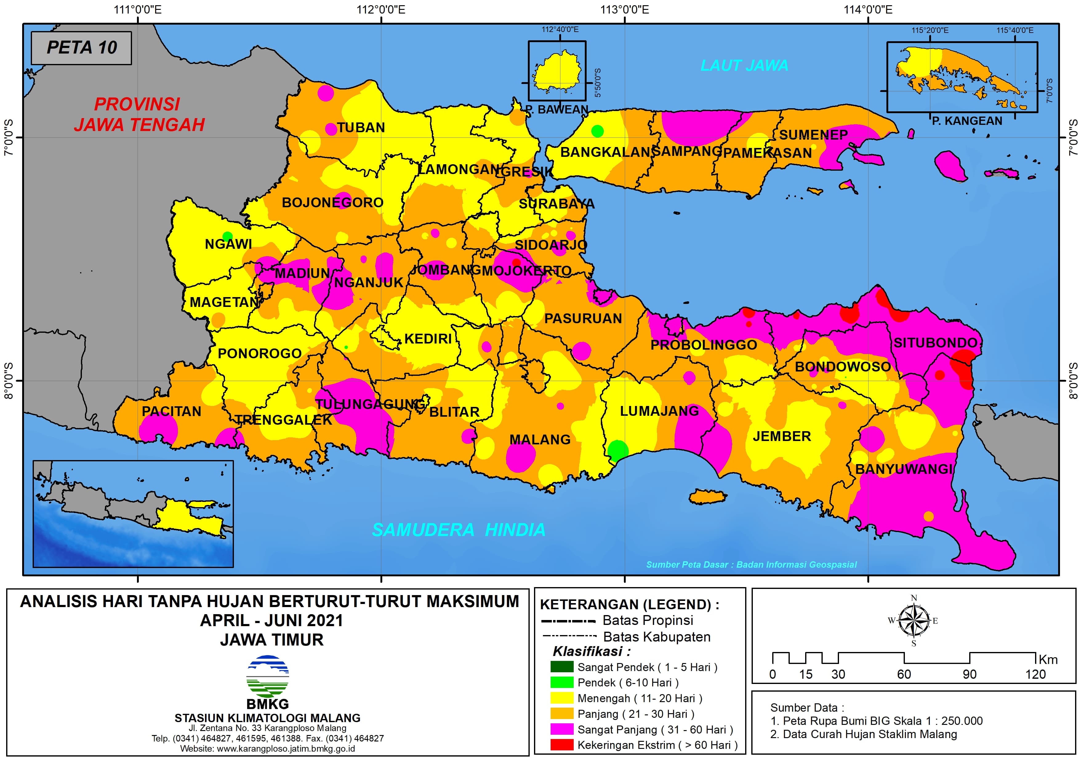 (Analisis - Bulanan) Hari Tanpa Hujan Berturut-Turut Maksimum di Provinsi Jawa Timur Bulan April - Mei - Juni Tahun 2021