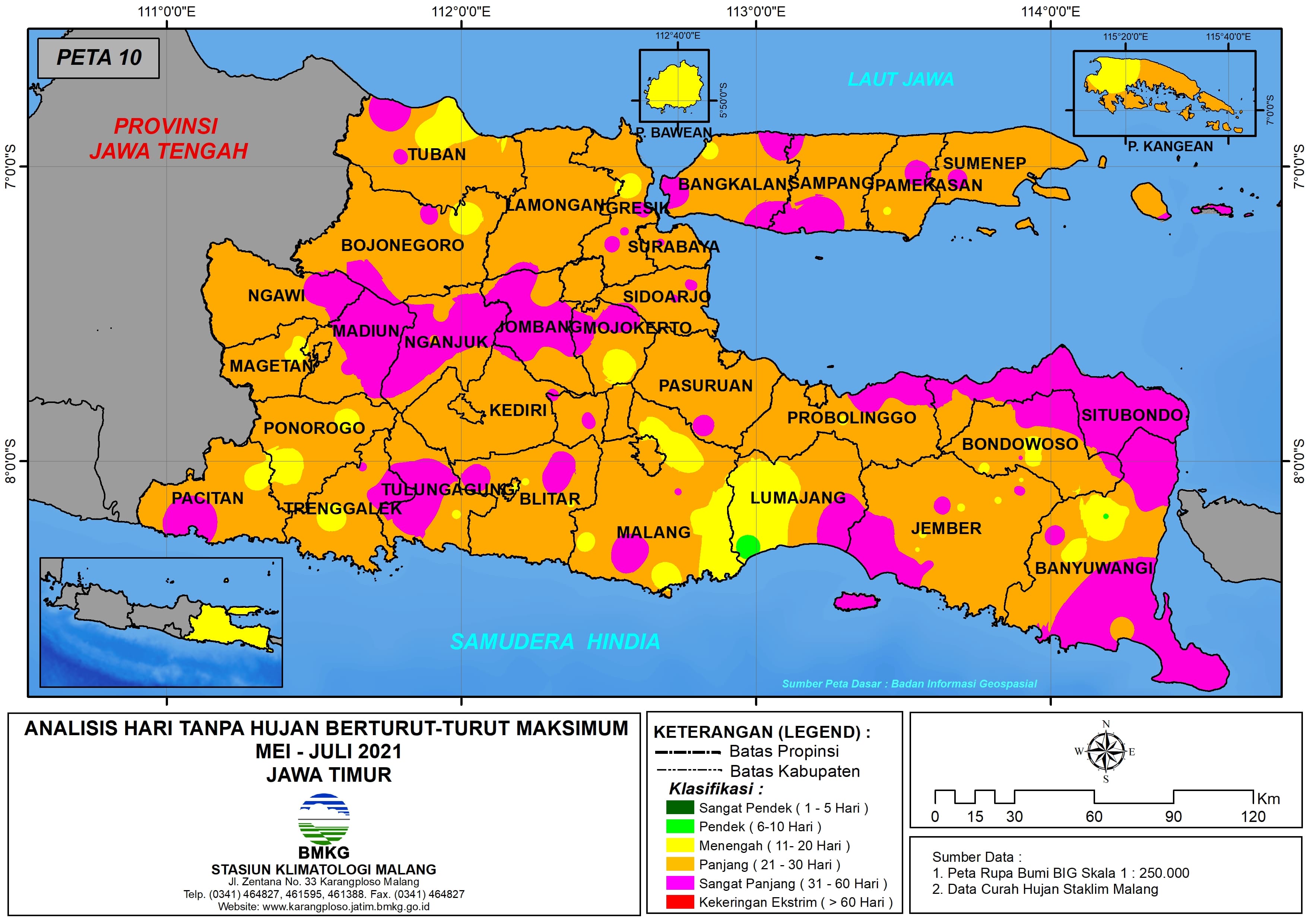 (Analisis - Bulanan) Hari Tanpa Hujan Berturut-Turut Maksimum di Provinsi Jawa Timur Bulan Mei - Juni - Juli Tahun 2021