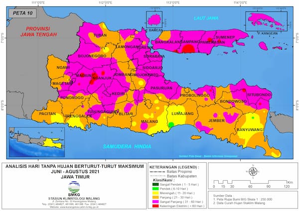 (Analisis - Bulanan) Hari Tanpa Hujan Berturut-Turut Maksimum di Provinsi Jawa Timur Bulan Juni - Juli - Agustus Tahun 2021