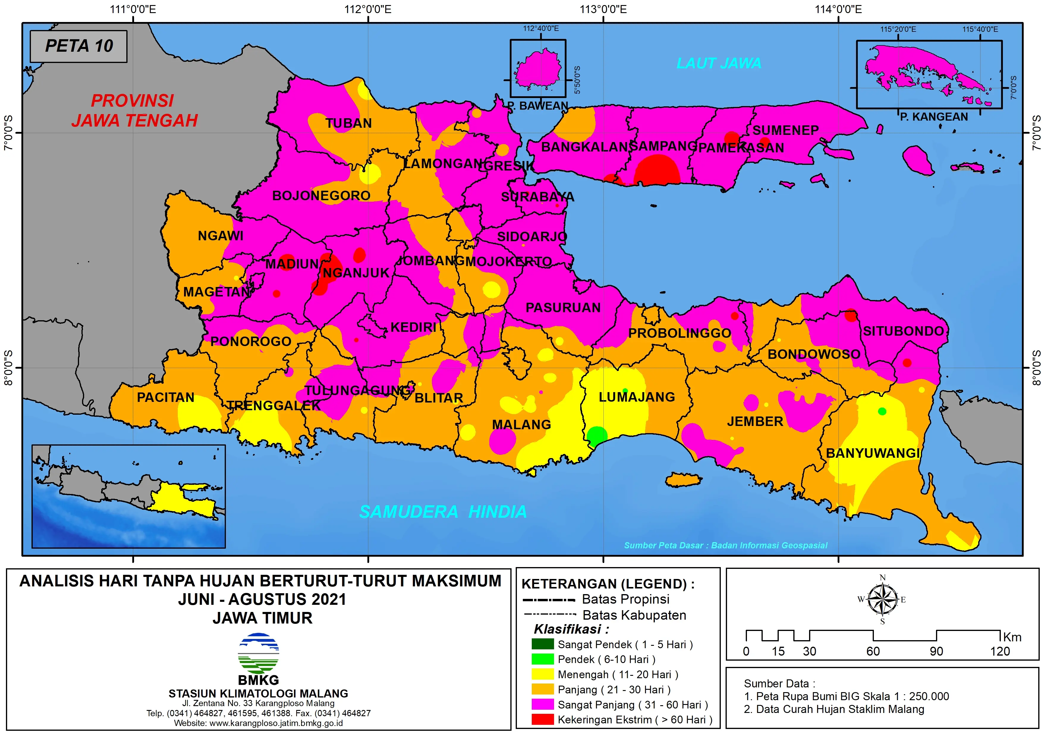 (Analisis - Bulanan) Hari Tanpa Hujan Berturut-Turut Maksimum di Provinsi Jawa Timur Bulan Juni - Juli - Agustus Tahun 2021