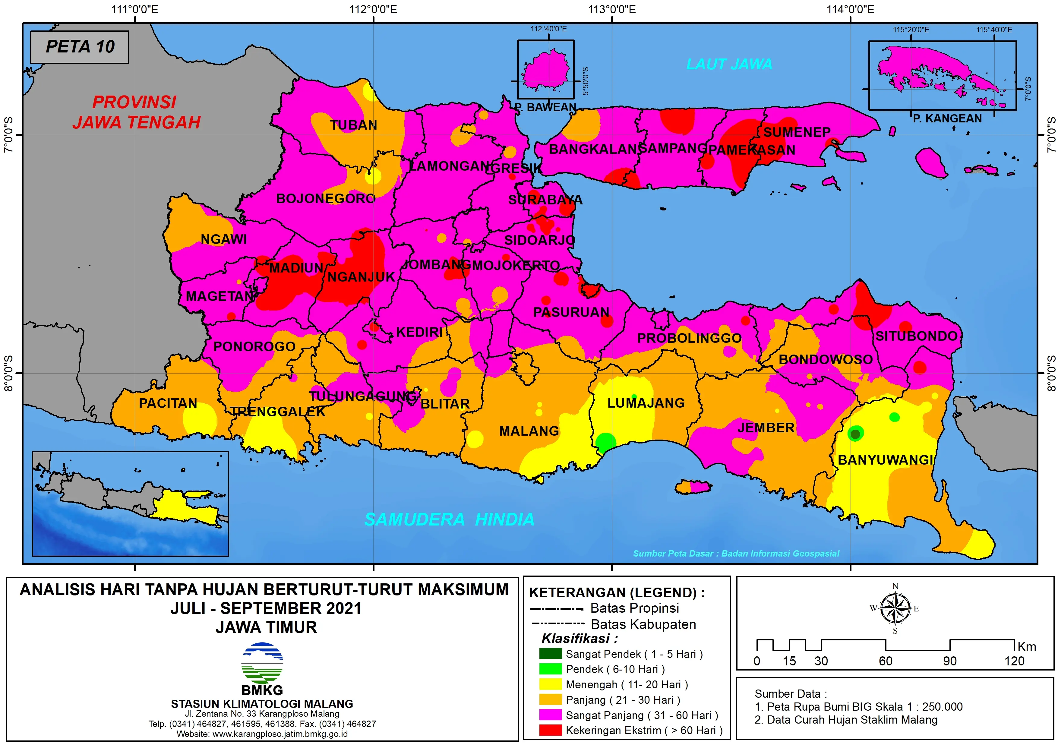 (Analisis - Bulanan) Hari Tanpa Hujan Berturut-Turut Maksimum di Provinsi Jawa Timur Bulan Juli - Agustus - September Tahun 2021
