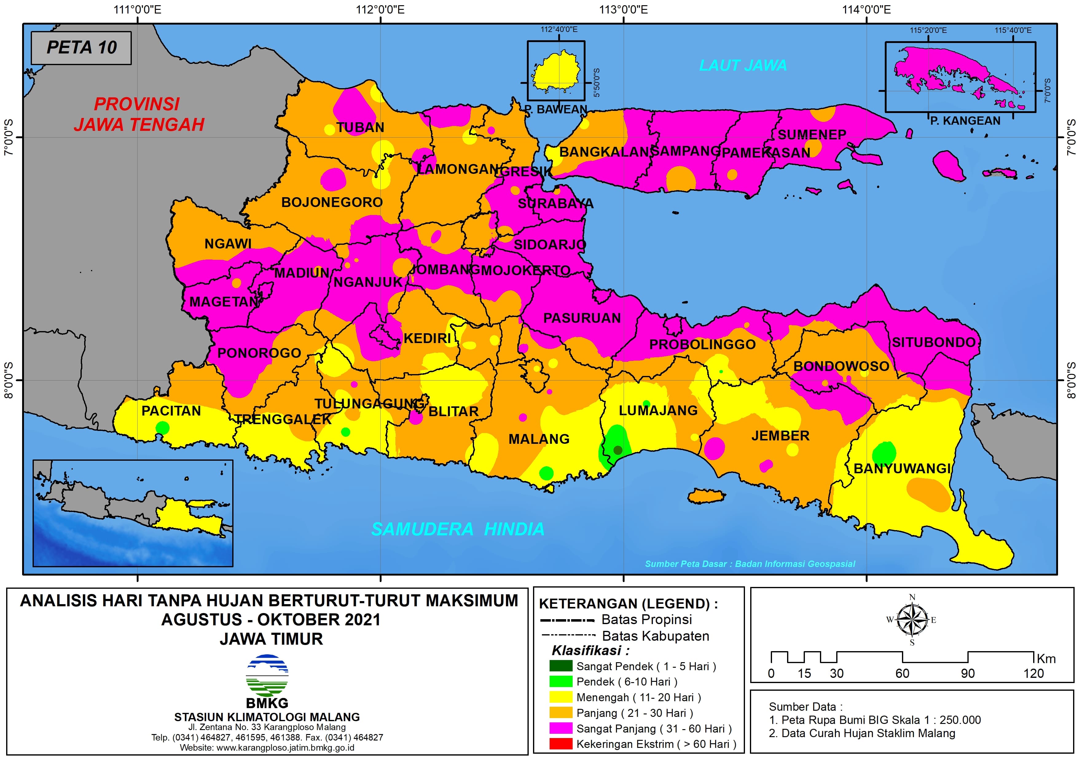 (Analisis - Bulanan) Hari Tanpa Hujan Berturut-Turut Maksimum di Provinsi Jawa Timur Bulan Agustus - September - Oktober Tahun 2021